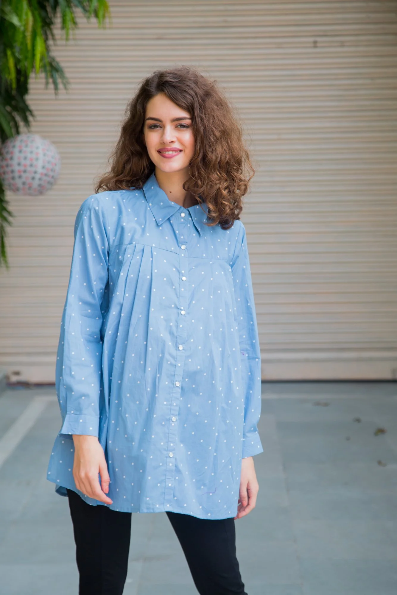 Sky Blue Polka Cotton Gathered  Maternity & Nursing Top - Chenance