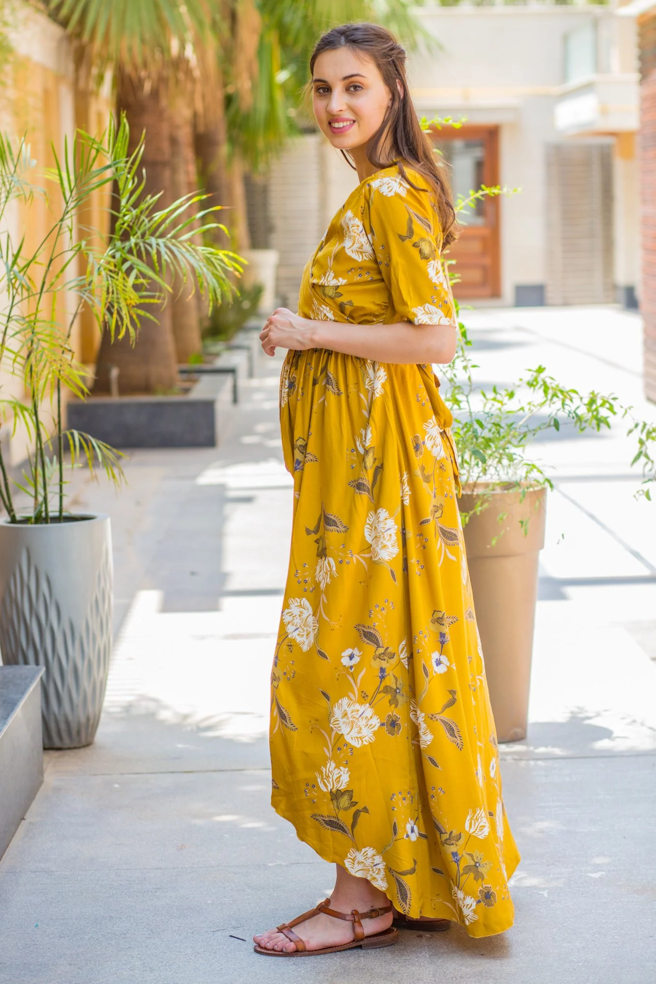 Mustard Blossom Hi-Low Maternity & Nursing Wrap Dress - Chenance