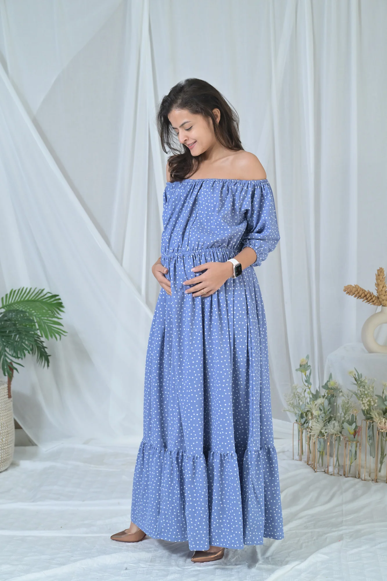 Sea Blue Polka Off-Shoulder Maternity & Nursing Maxi Dress - Chenance
