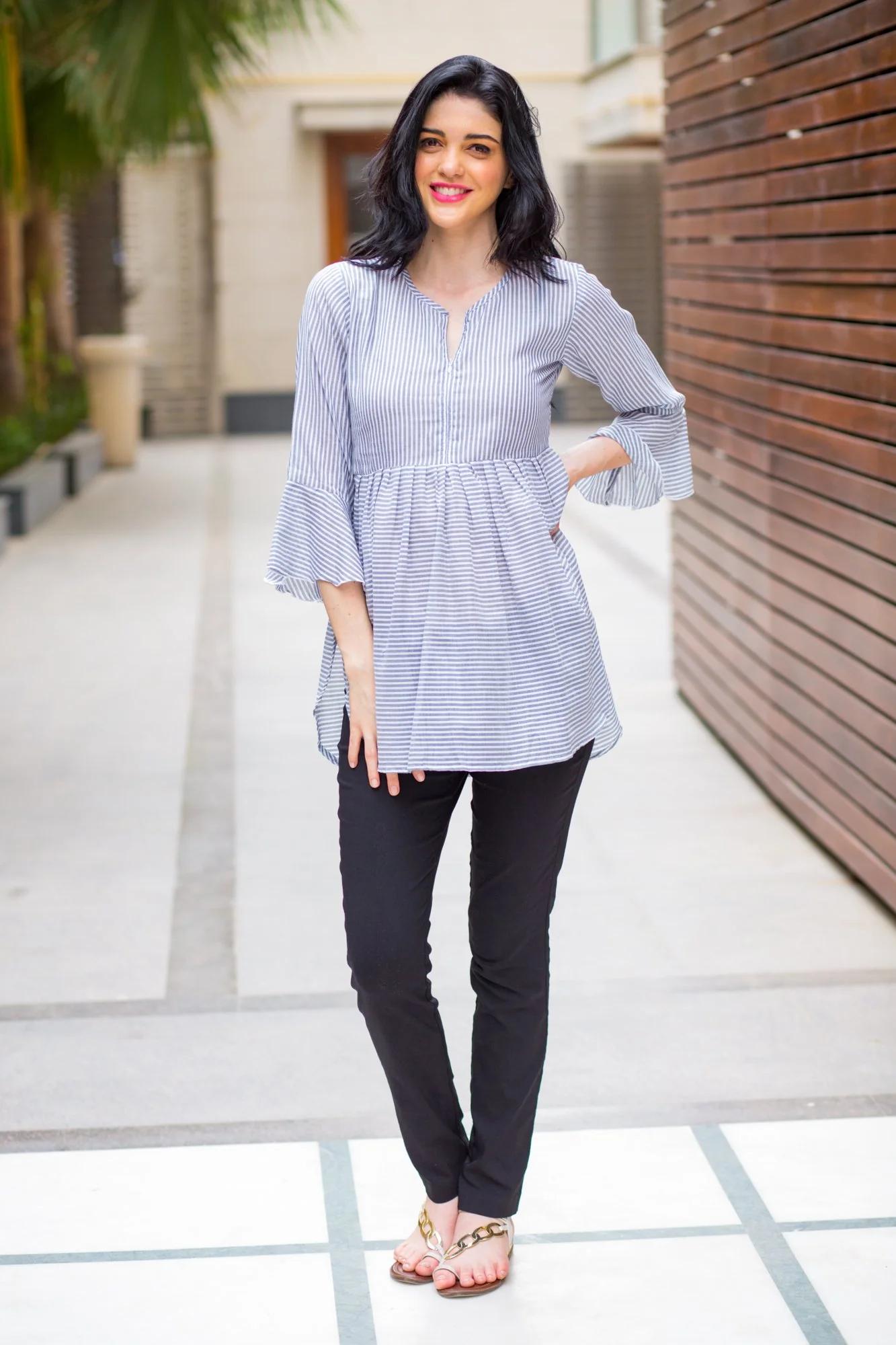 Grey Elegant Striped Nursing Top - Chenance