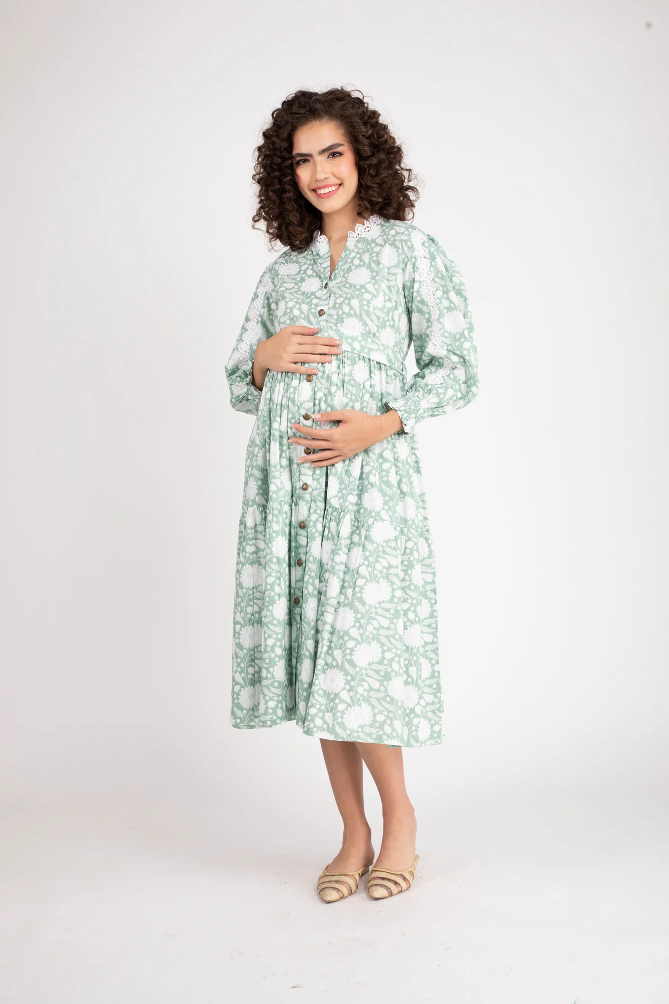Seafoam Maternity & Nursing Gathered Dress (100% Cotton) - Chenance