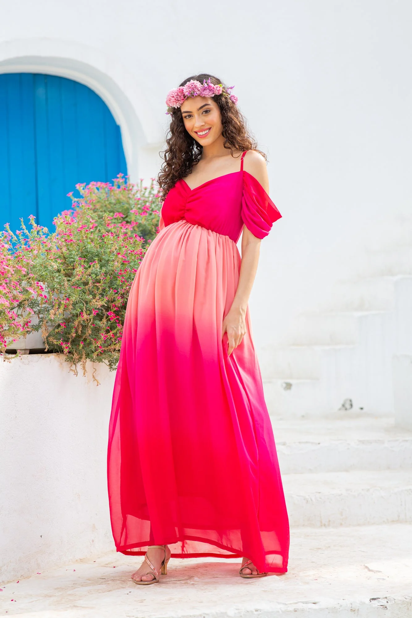 Luxe Graceful Flamingo Off-Shoulder Maternity Photoshoot Gown - Chenance