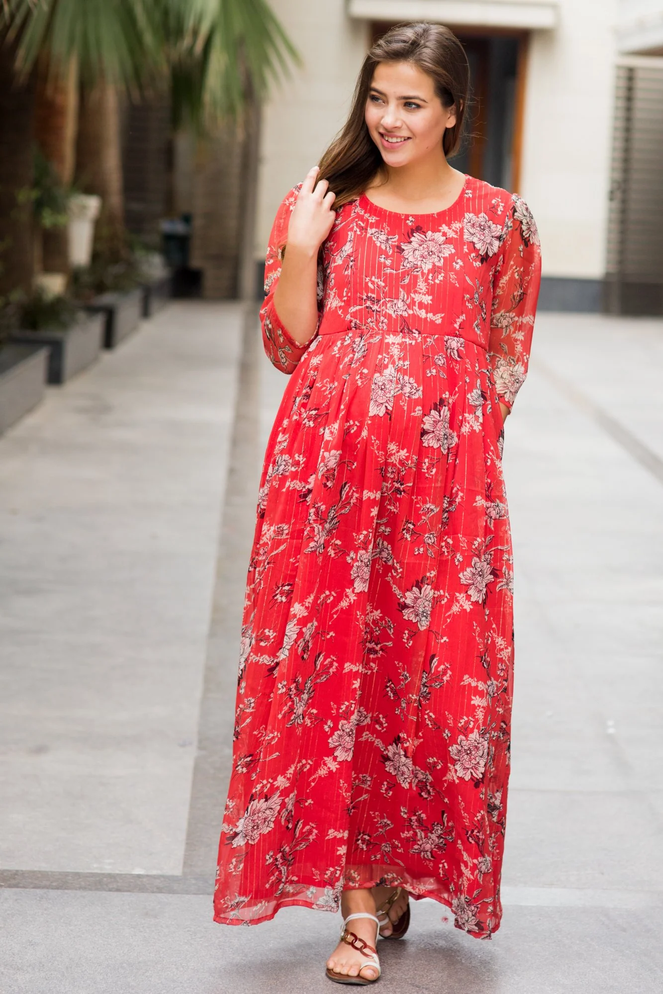 Luxe Chiffon Tangerine Floral Maternity & Nursing Dress - Chenance
