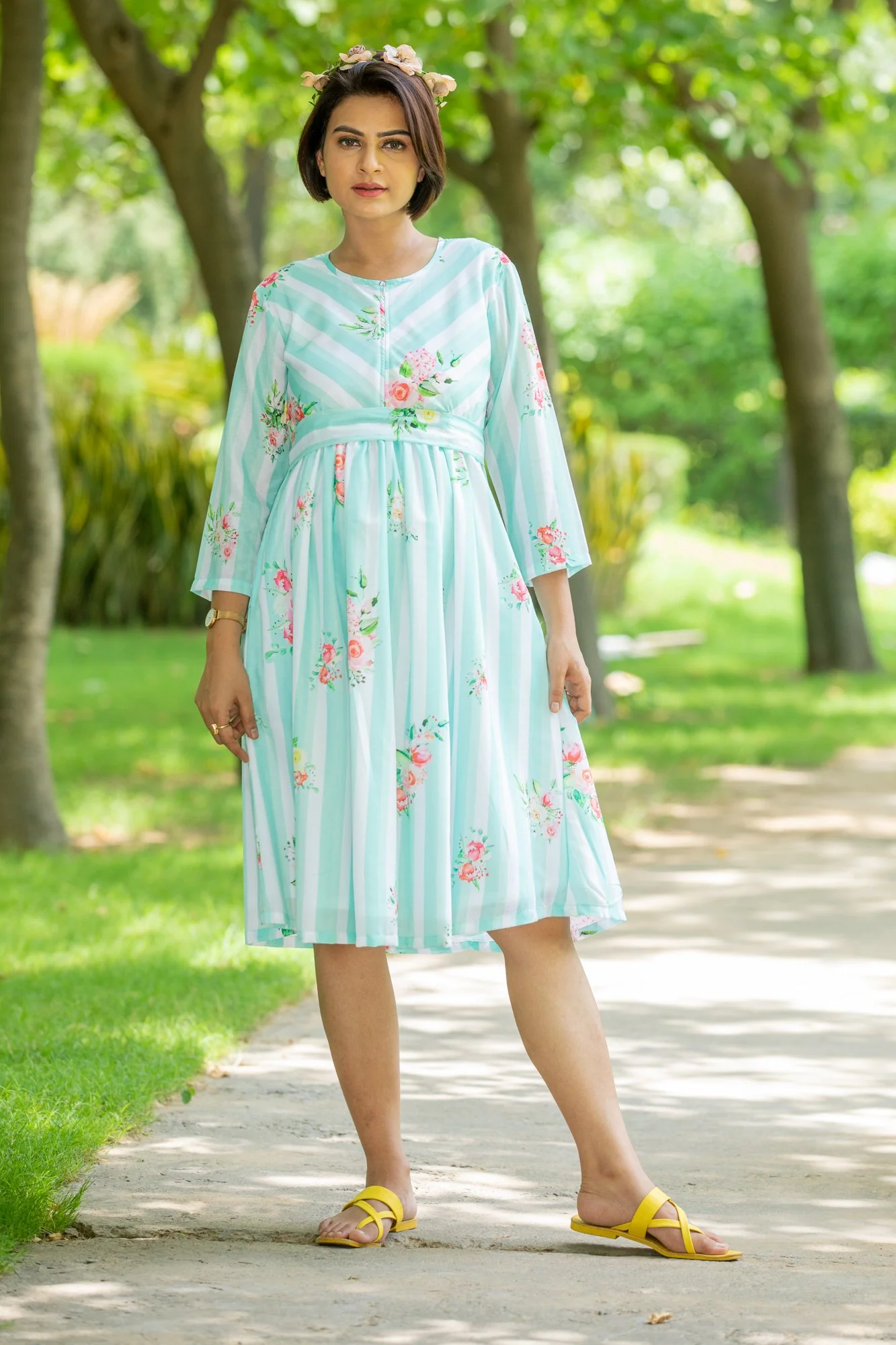 Mint Floral Striped Maternity & Nursing Dress - Chenance