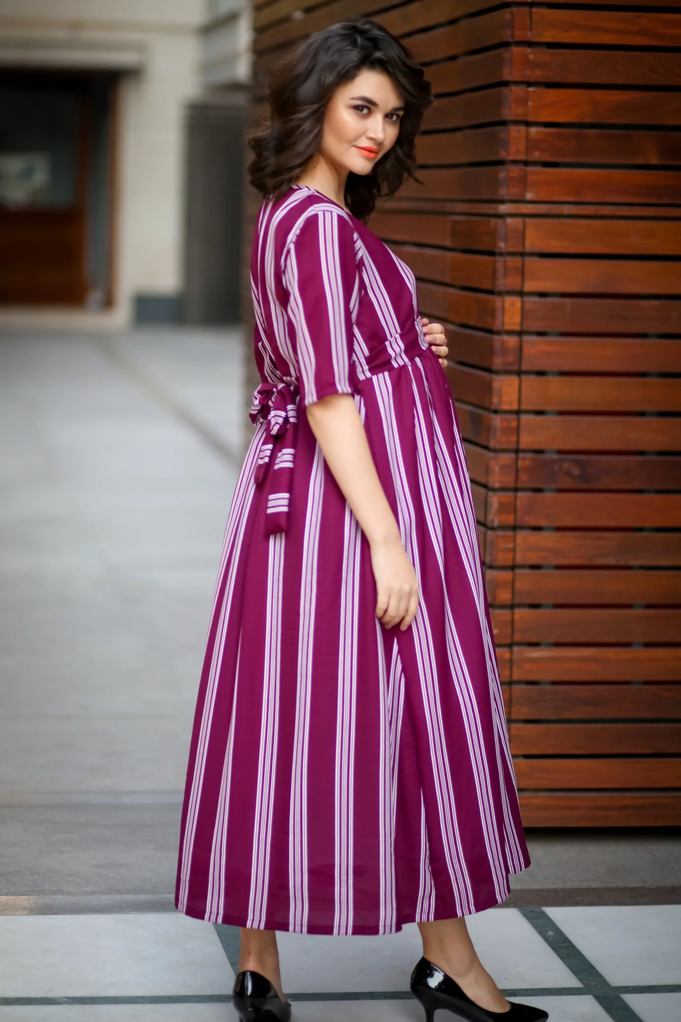 Plush Violet Striped Maternity & Nursing Dress - Chenance