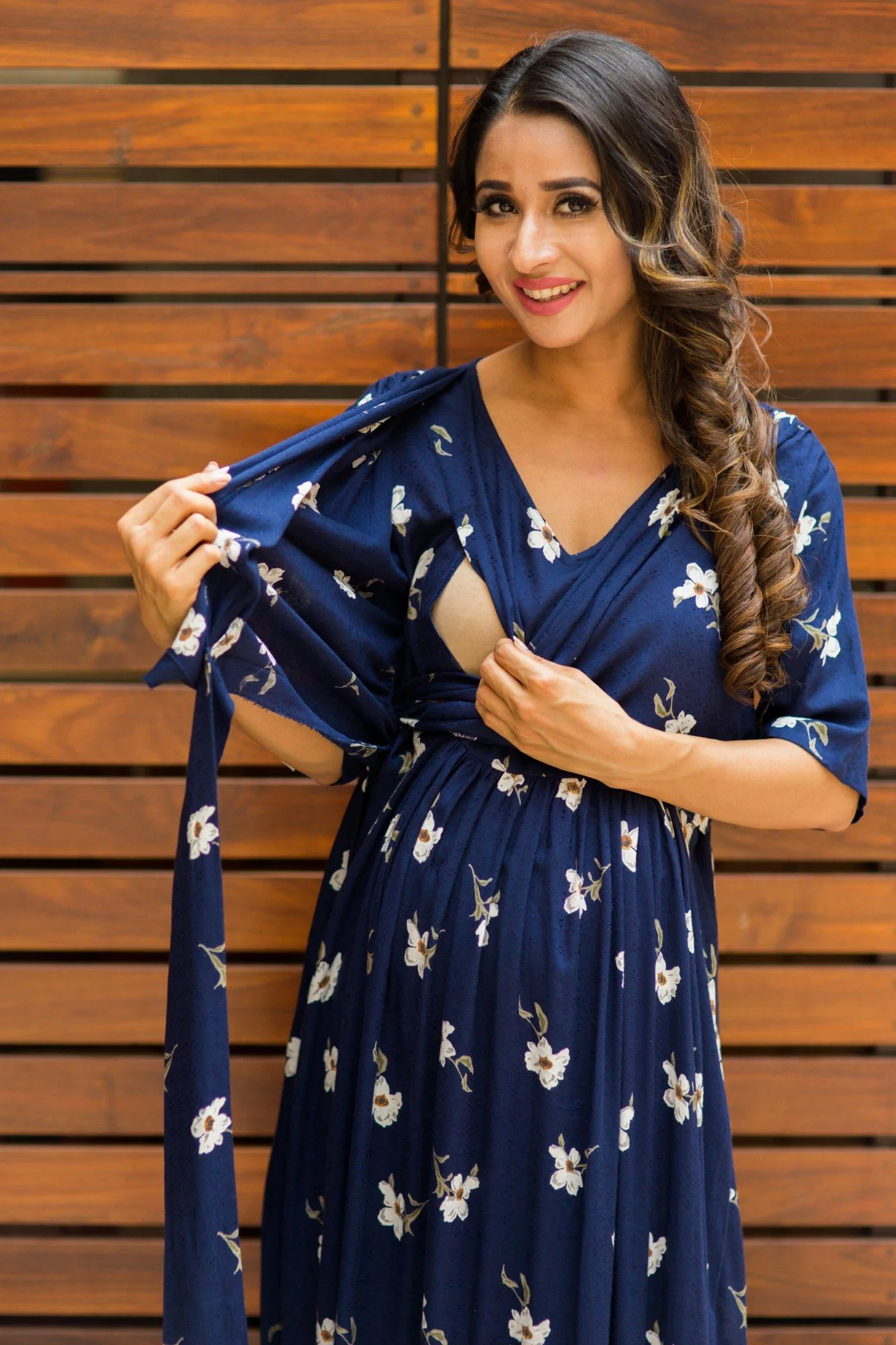 Luxe Navy Pearl Blossom Maternity& Nursing Wrap Dress - Chenance