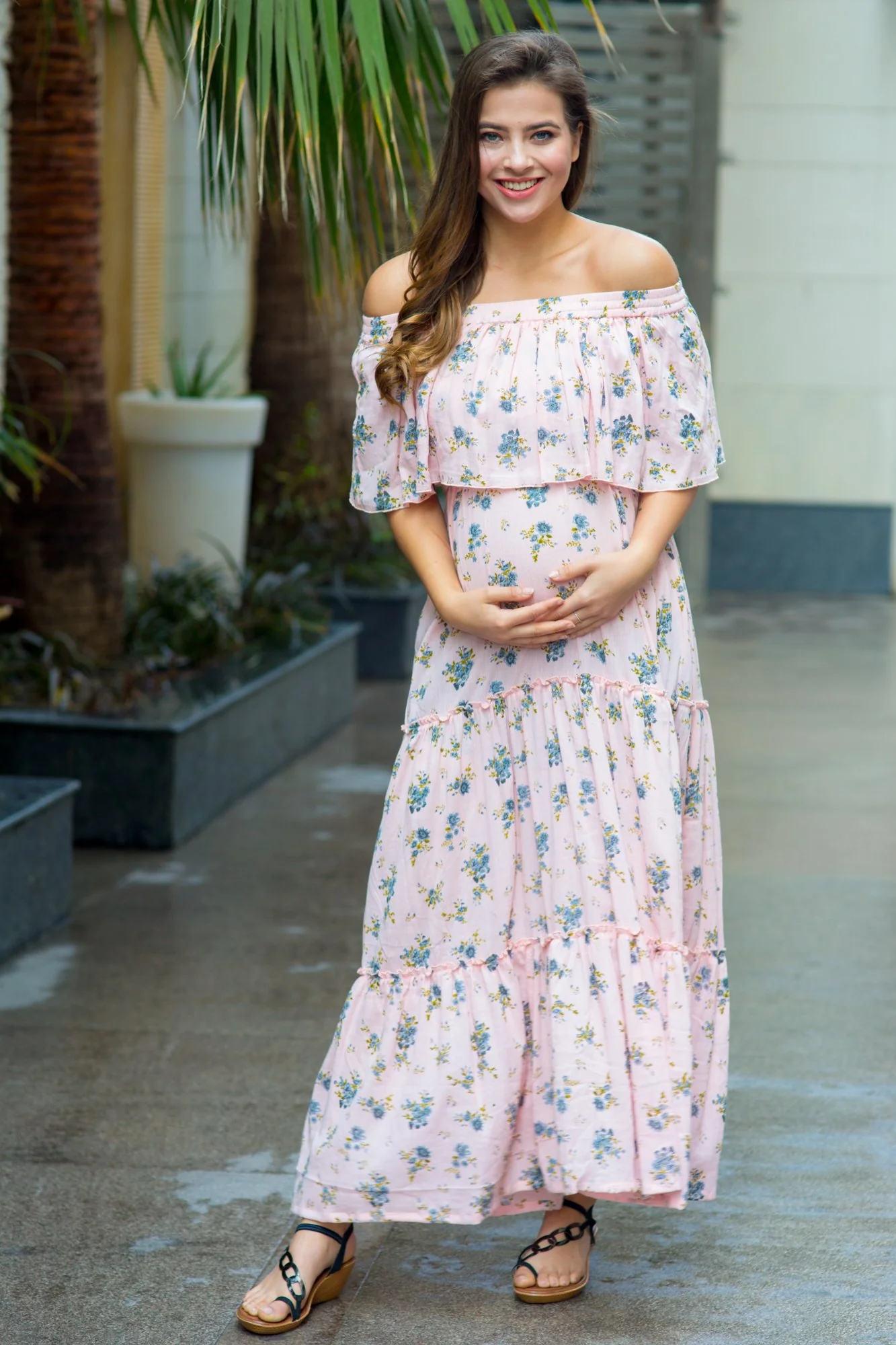 Pastel Rose Peach Off-Shoulder Maternity Maxi - Chenance