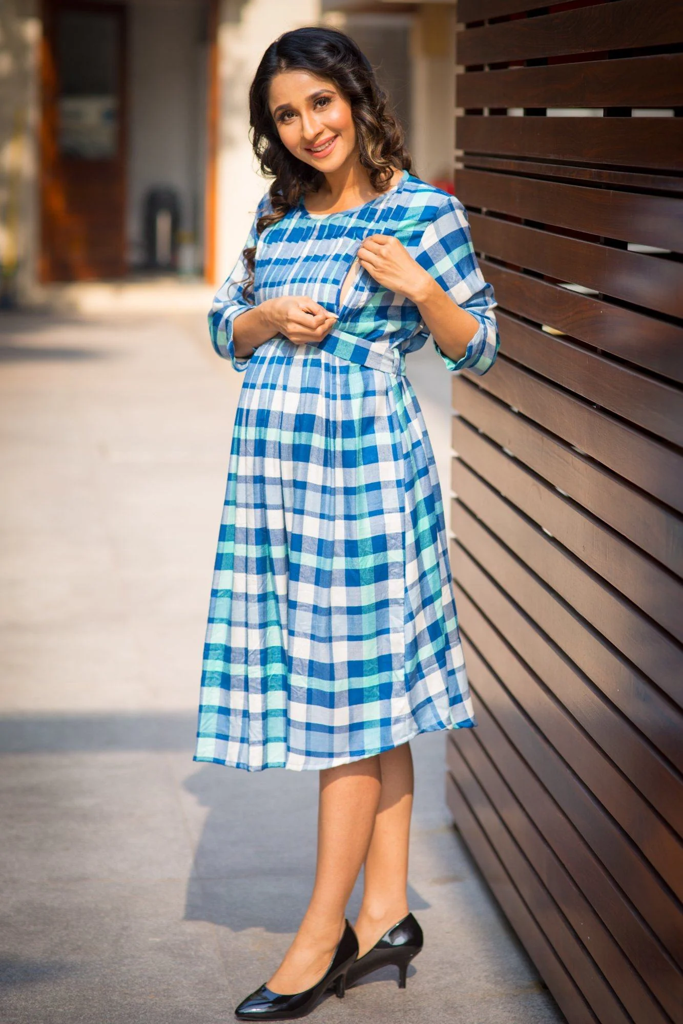 Saphire Blue Plaid Pintucks Maternity & Nursing Dress - Chenance