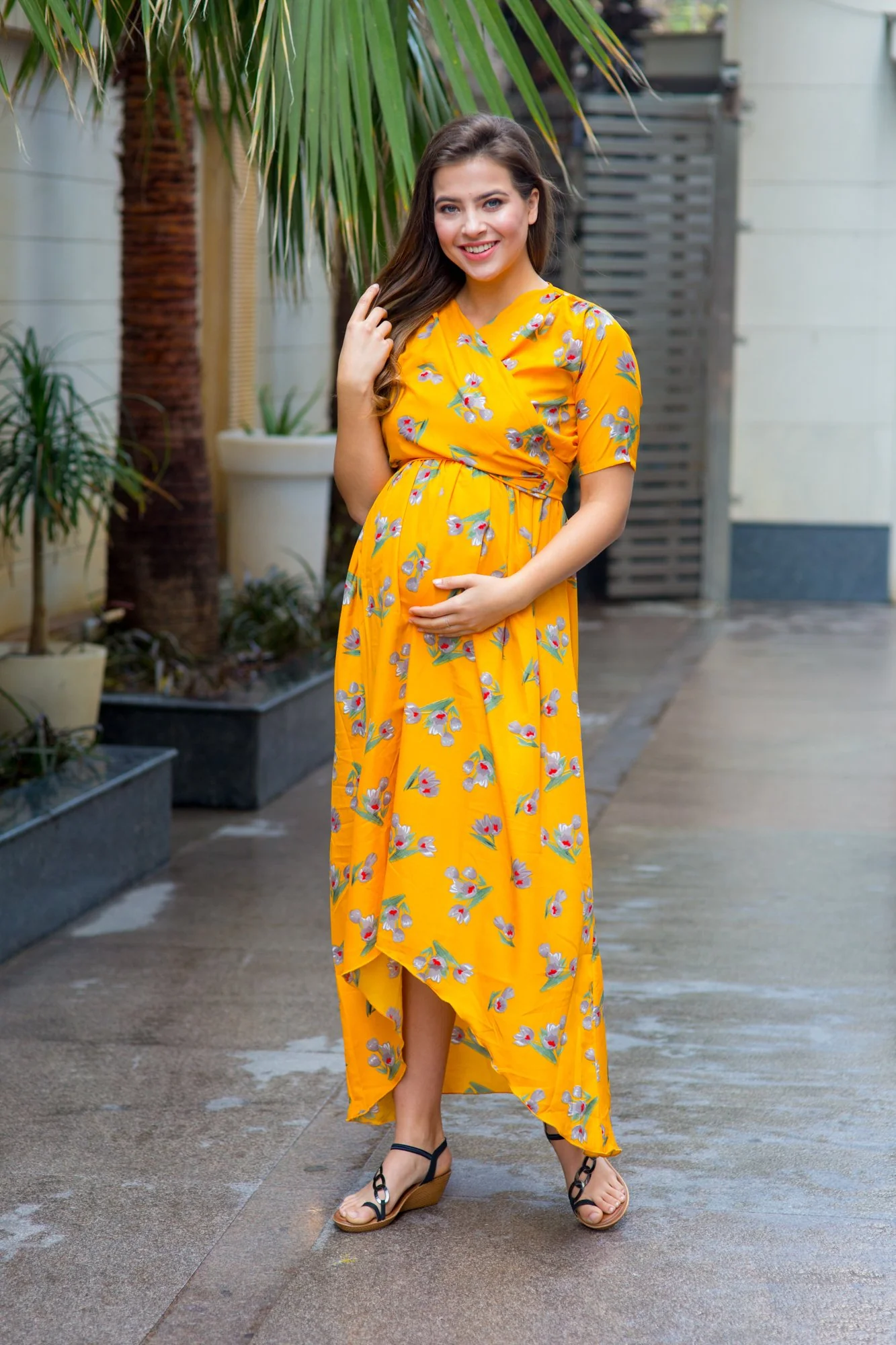 Marigold Yellow Hi-Low Maternity & Nursing Wrap Dress - Chenance