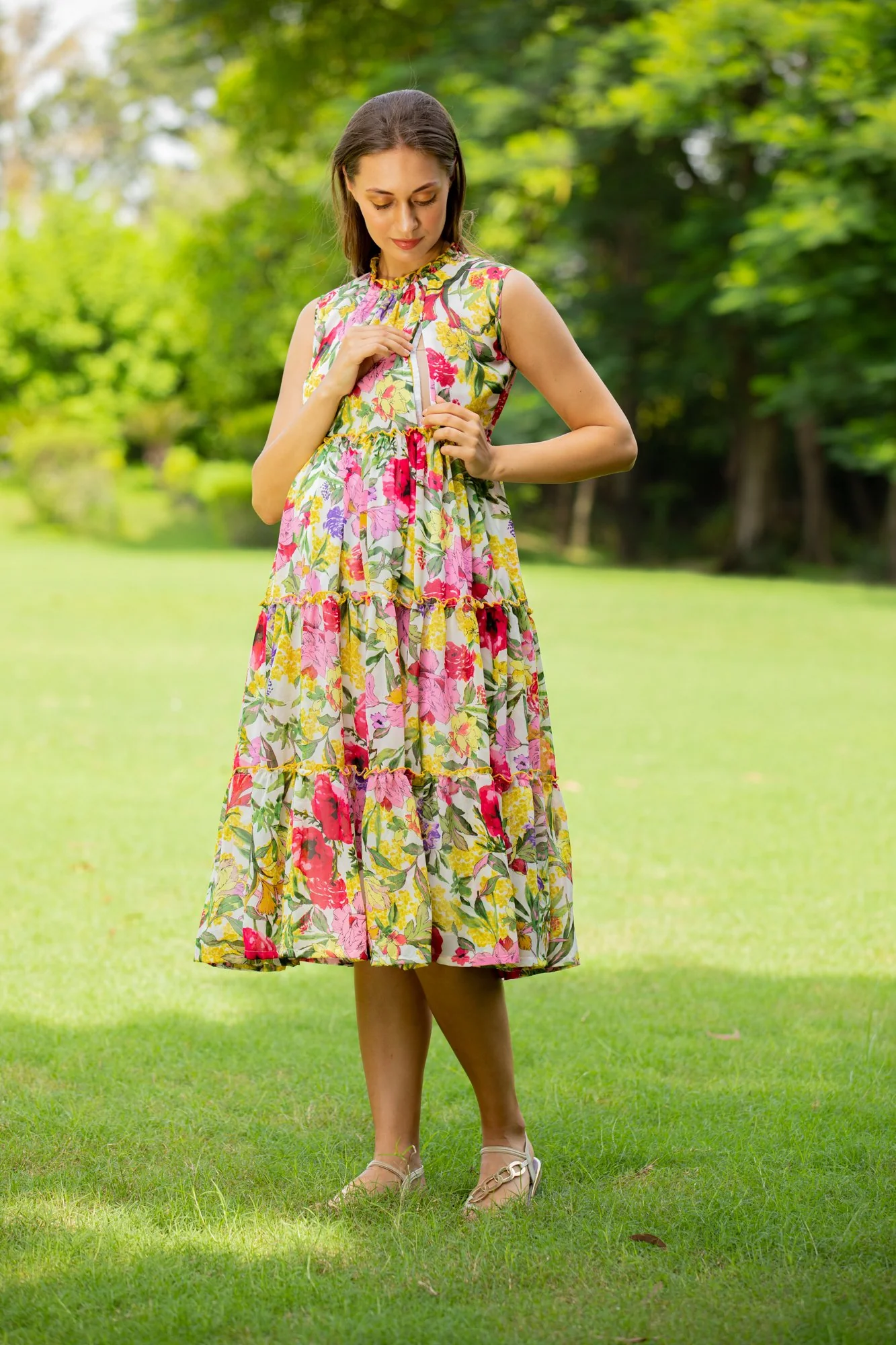 Blossom White Maternity & Nursing Concealed Zips Frill Dress - Chenance