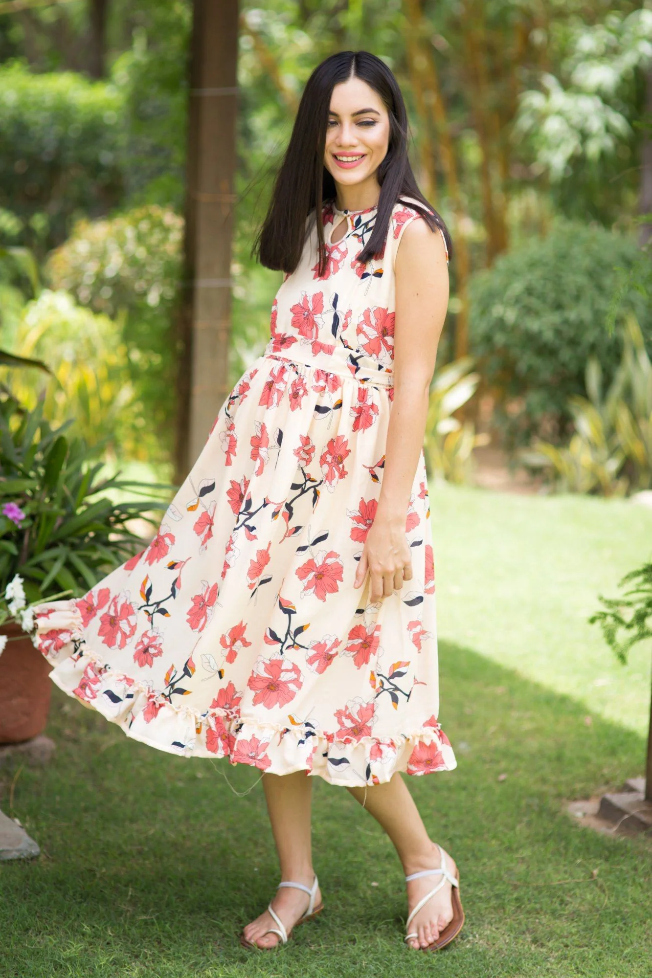 Off-White Floral Frill Maternity & Nursing Dress - Chenance
