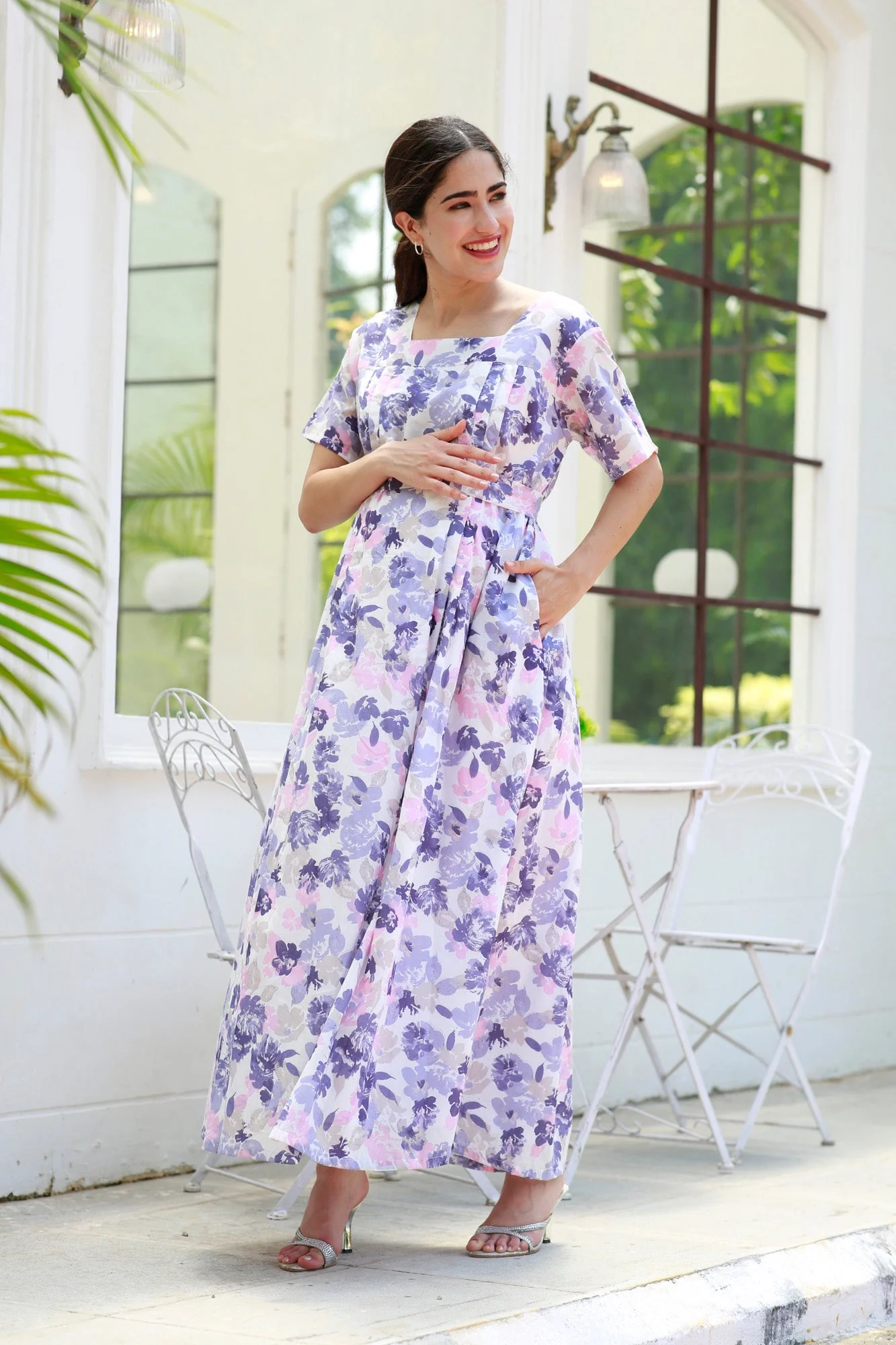 Restful Lavender Floral Maternity & Nursing Concealed Zips Night Dress - Chenance