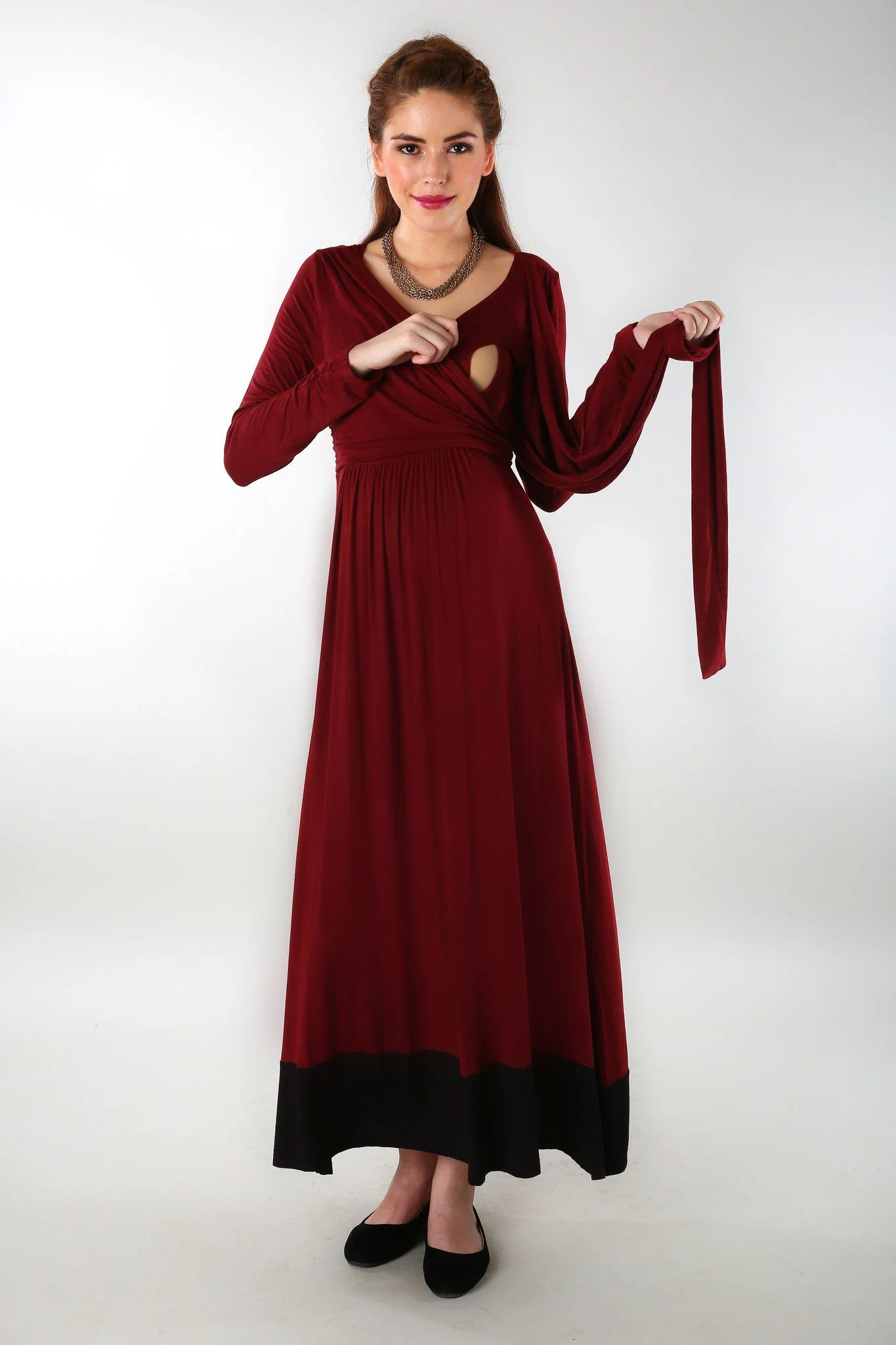 Elegant Wine Front Wrap Maternity Dress - Chenance