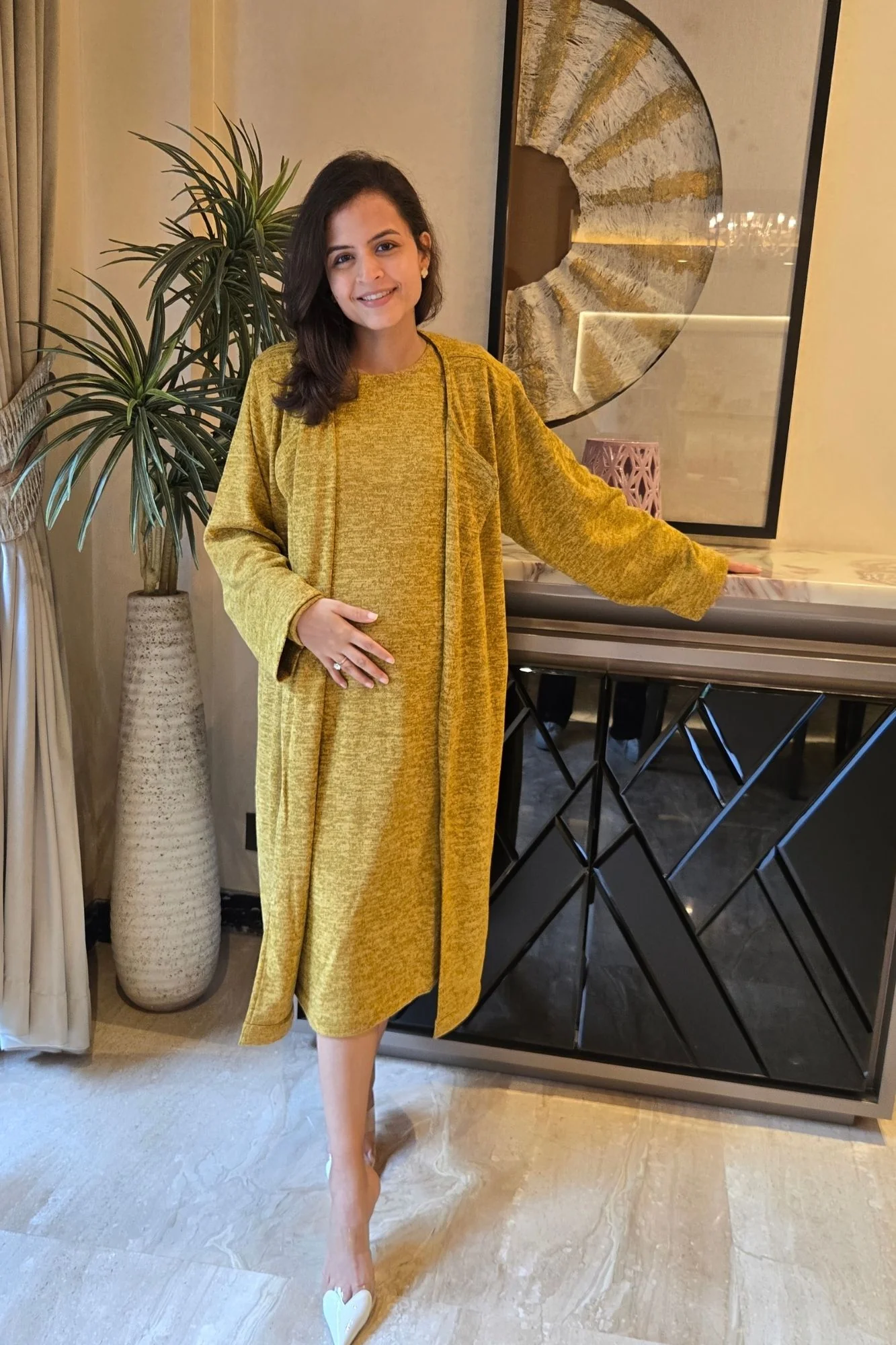 Breezy Mustard Maternity Winter Dress With Cover Up (2pc) - Chenance
