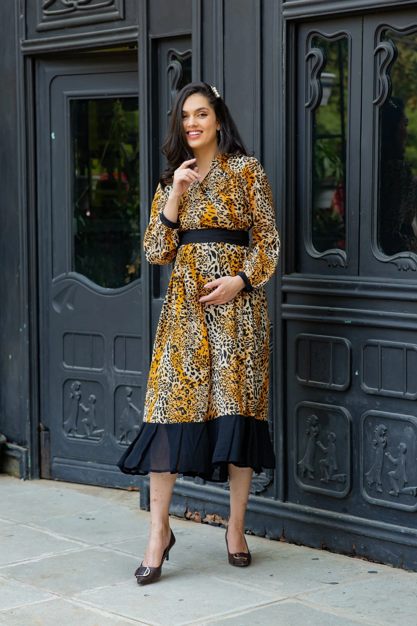 Premium Tropical Brown Maternity & Nursing Midi Wrap Dress - Chenance