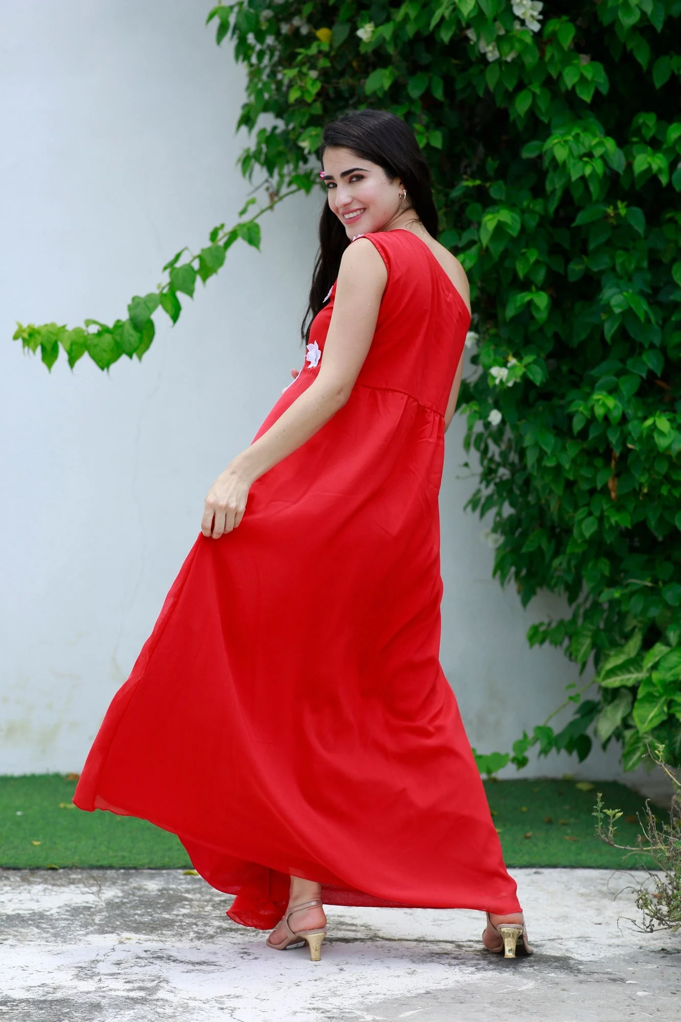 Scarlet Red One Shoulder Maternity Flow Dress - Chenance