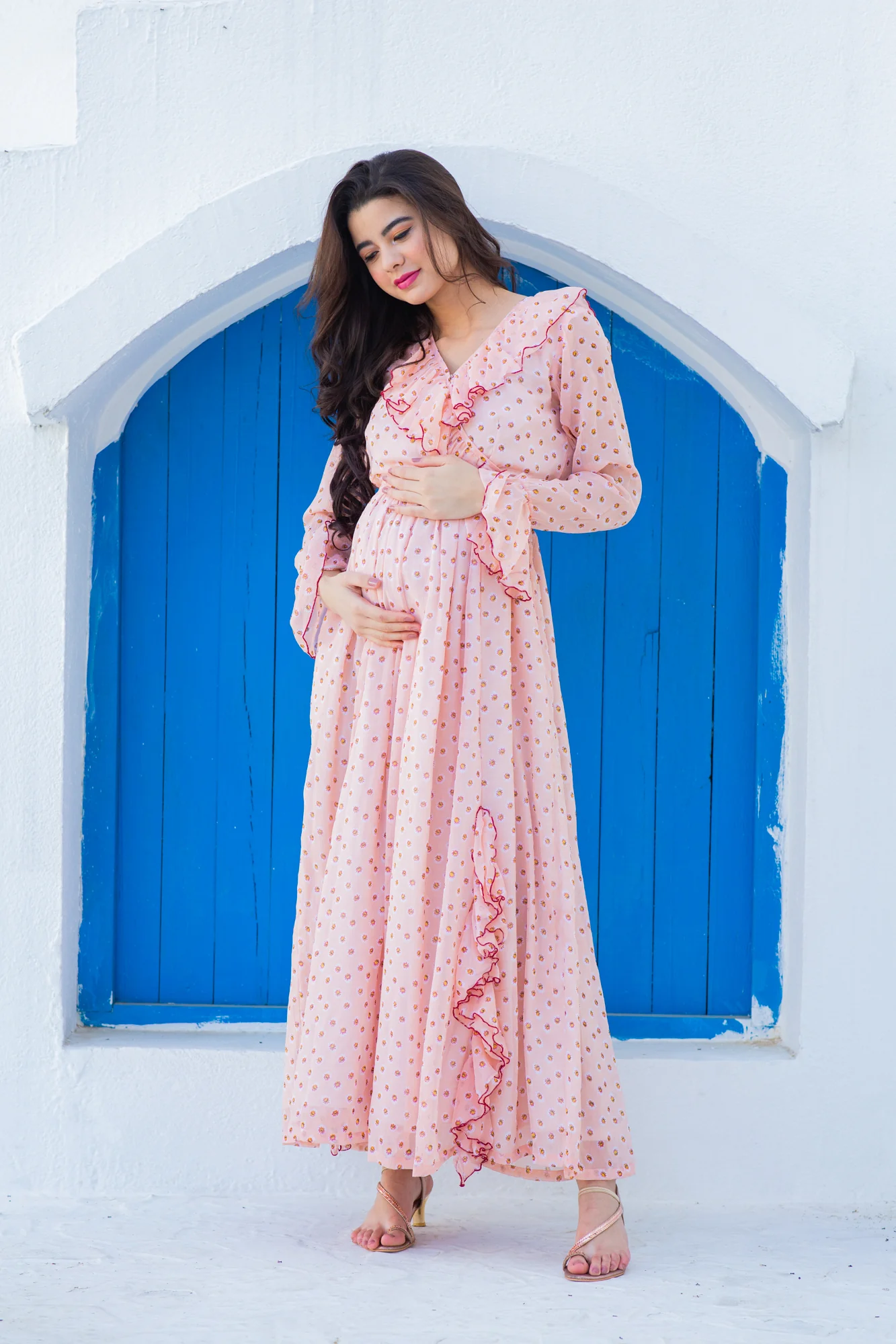 Miami Peach Dotted Maternity Frill Dress - Chenance