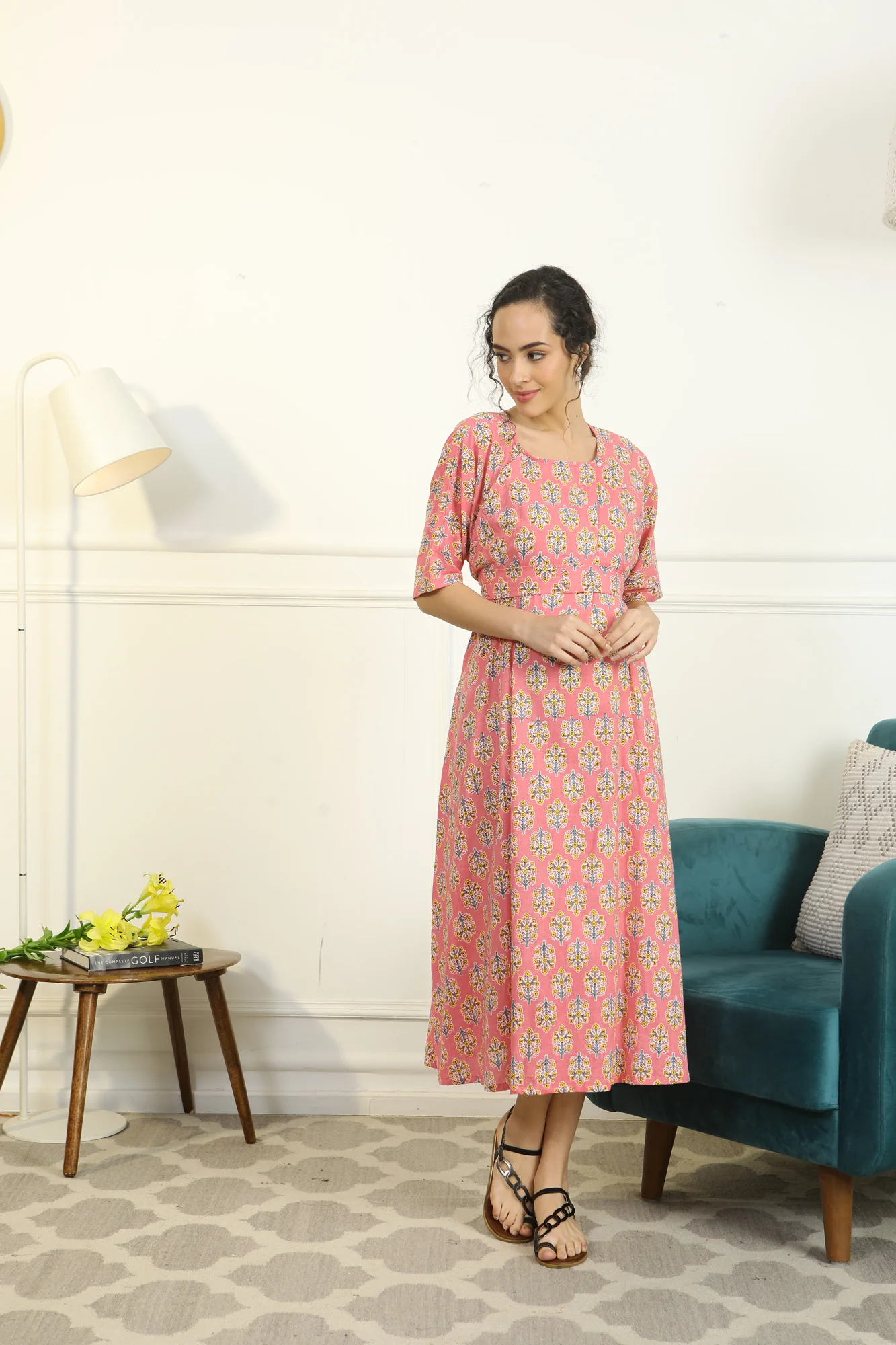 Restful Blossom Coral Shoulder Snap Delivery Gown + Matching Baby Swaddle Set Of 2 - Chenance