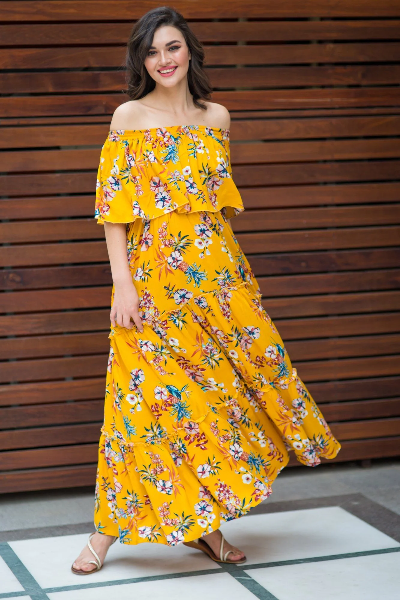 Daffodil Yellow Off-Shoulder Maternity Maxi Dress - Chenance
