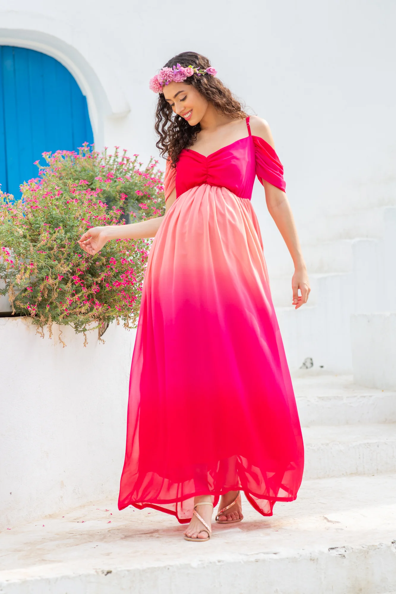 Luxe Graceful Flamingo Off-Shoulder Maternity Photoshoot Gown - Chenance