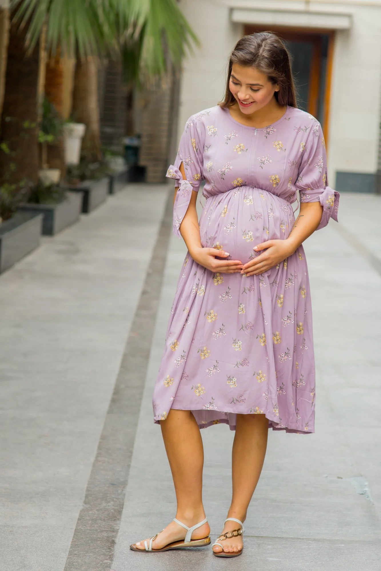 Pretty Lilac Floral Maternity & Nursing Dress - Chenance