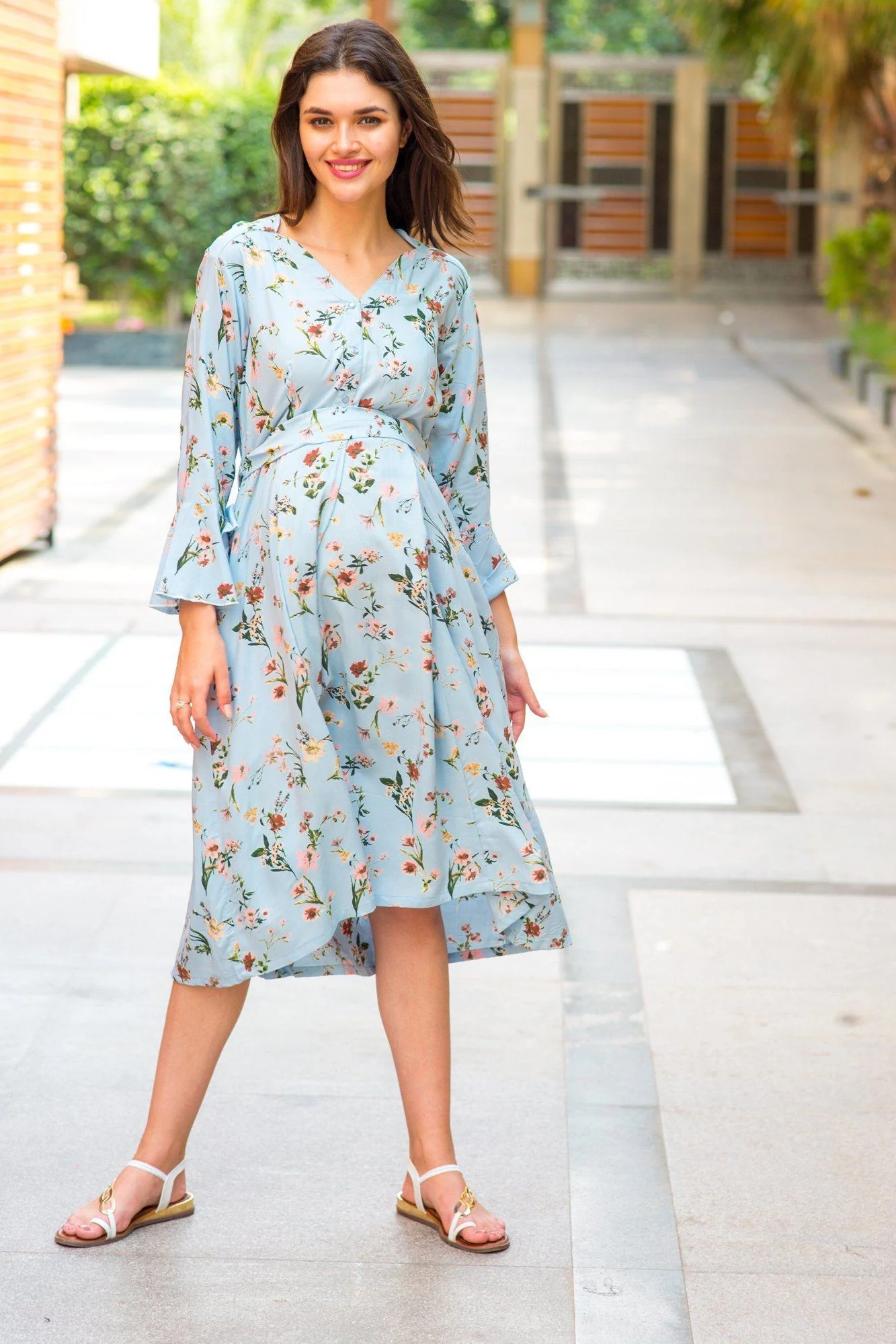 Pastel Blue Front Button Maternity & Nursing Dress - Chenance