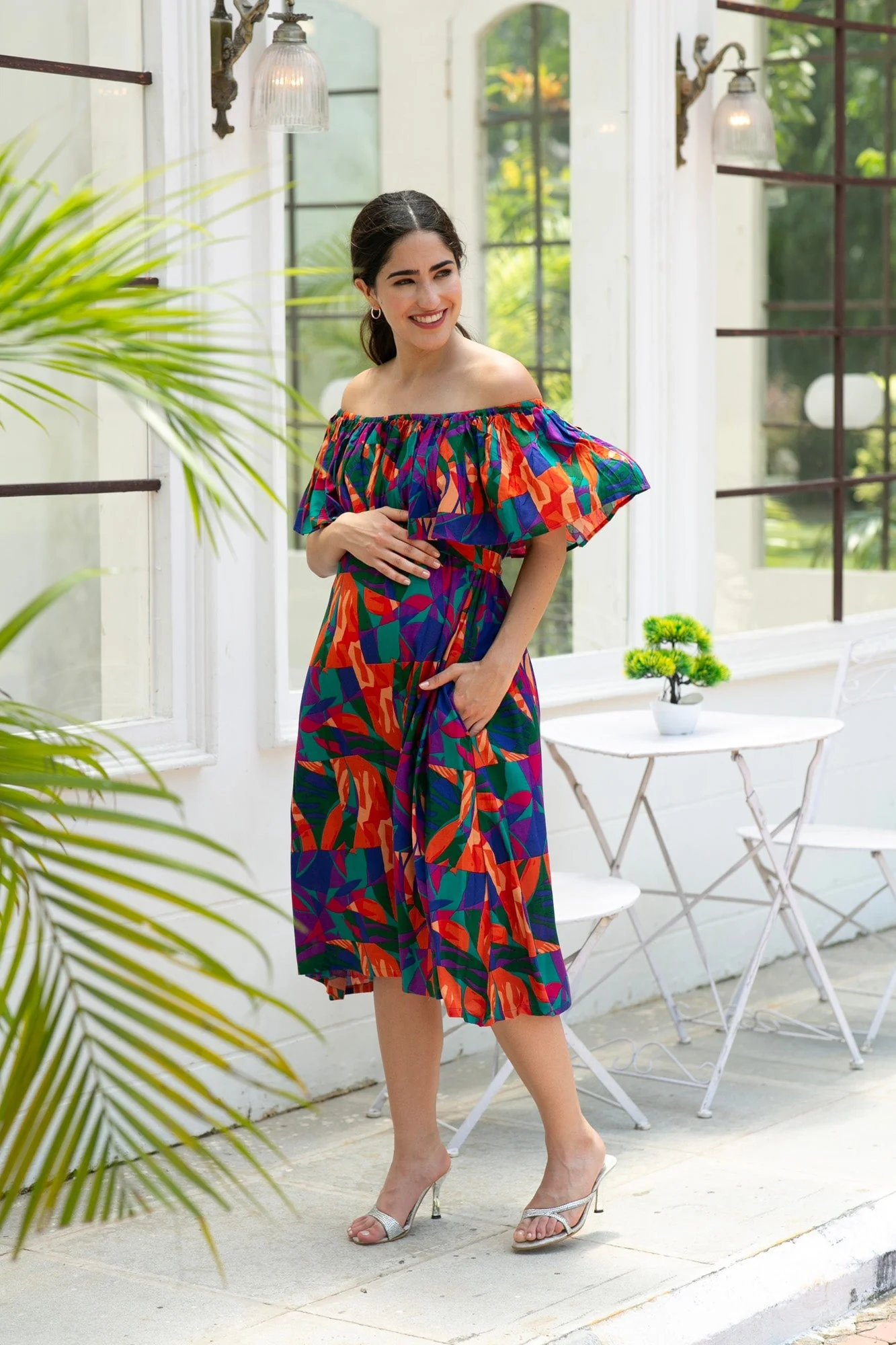 Retro Abstract Blue Off-Shoulder Maternity Frill Dress - Chenance