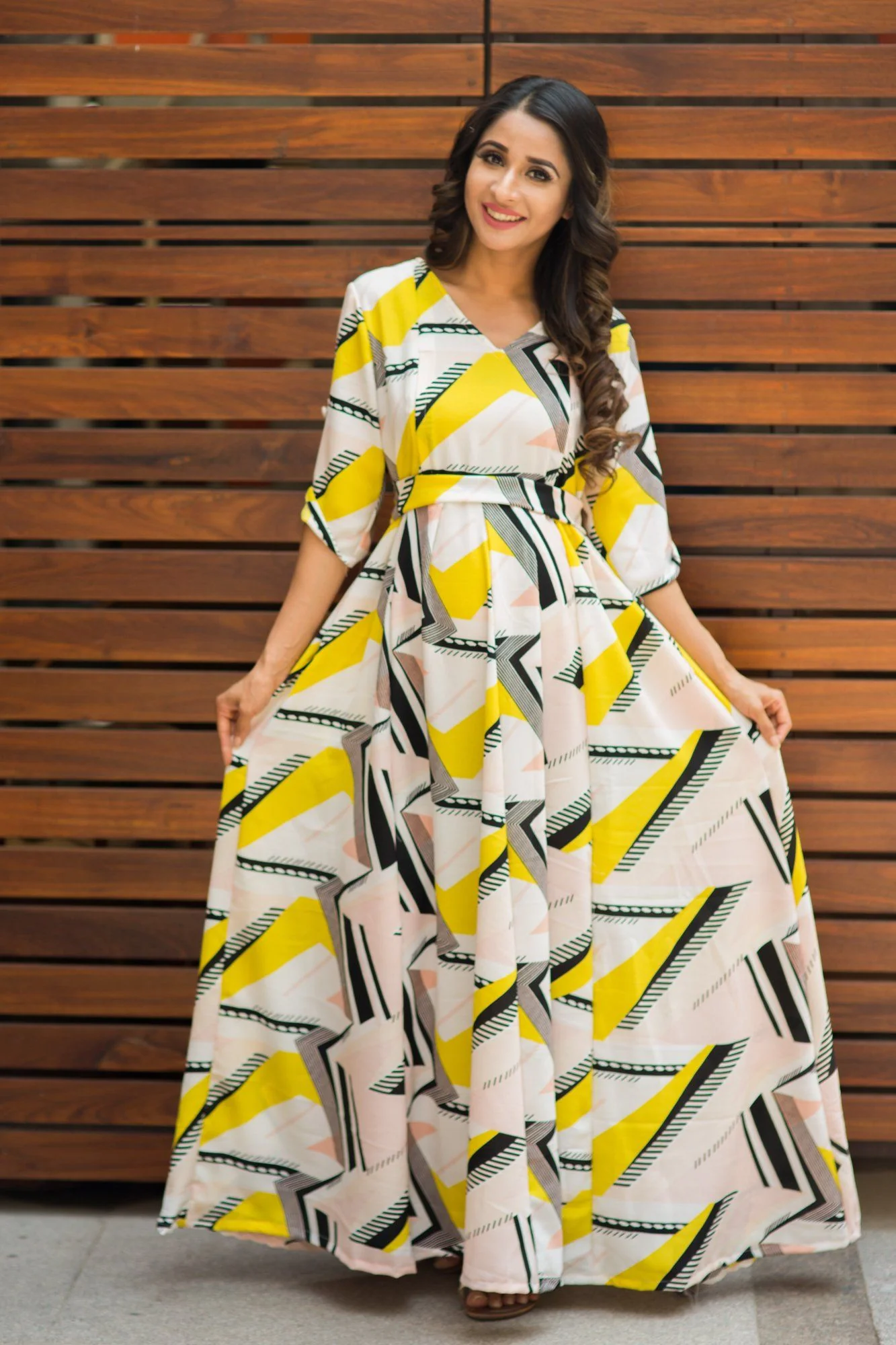 Yellow Peach Mosaic Concealed Zips Maternity & Nursing Dress - Chenance