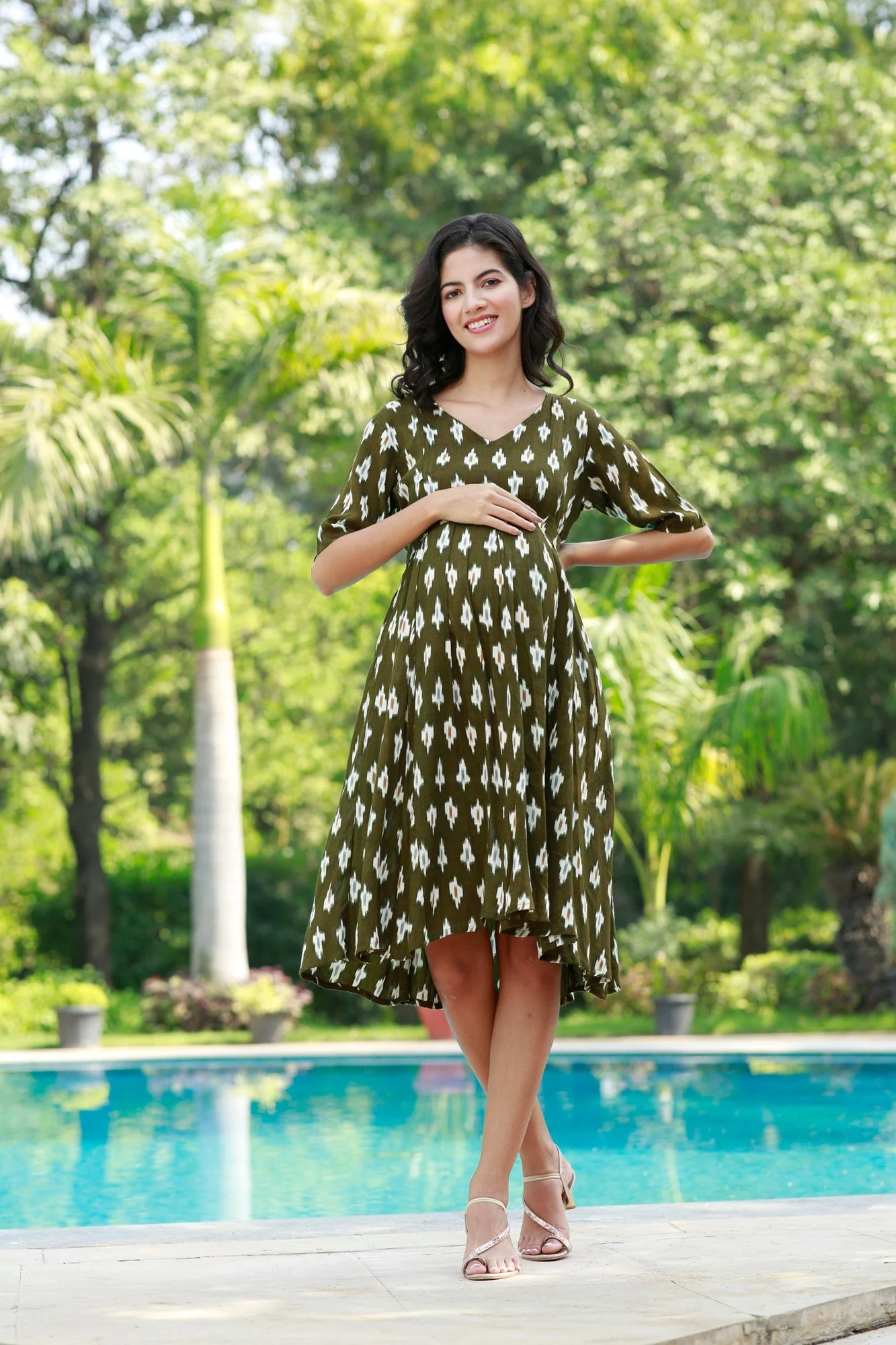 Winsome Seaweed Green Ikat Maternity & Nursing Dress - Chenance