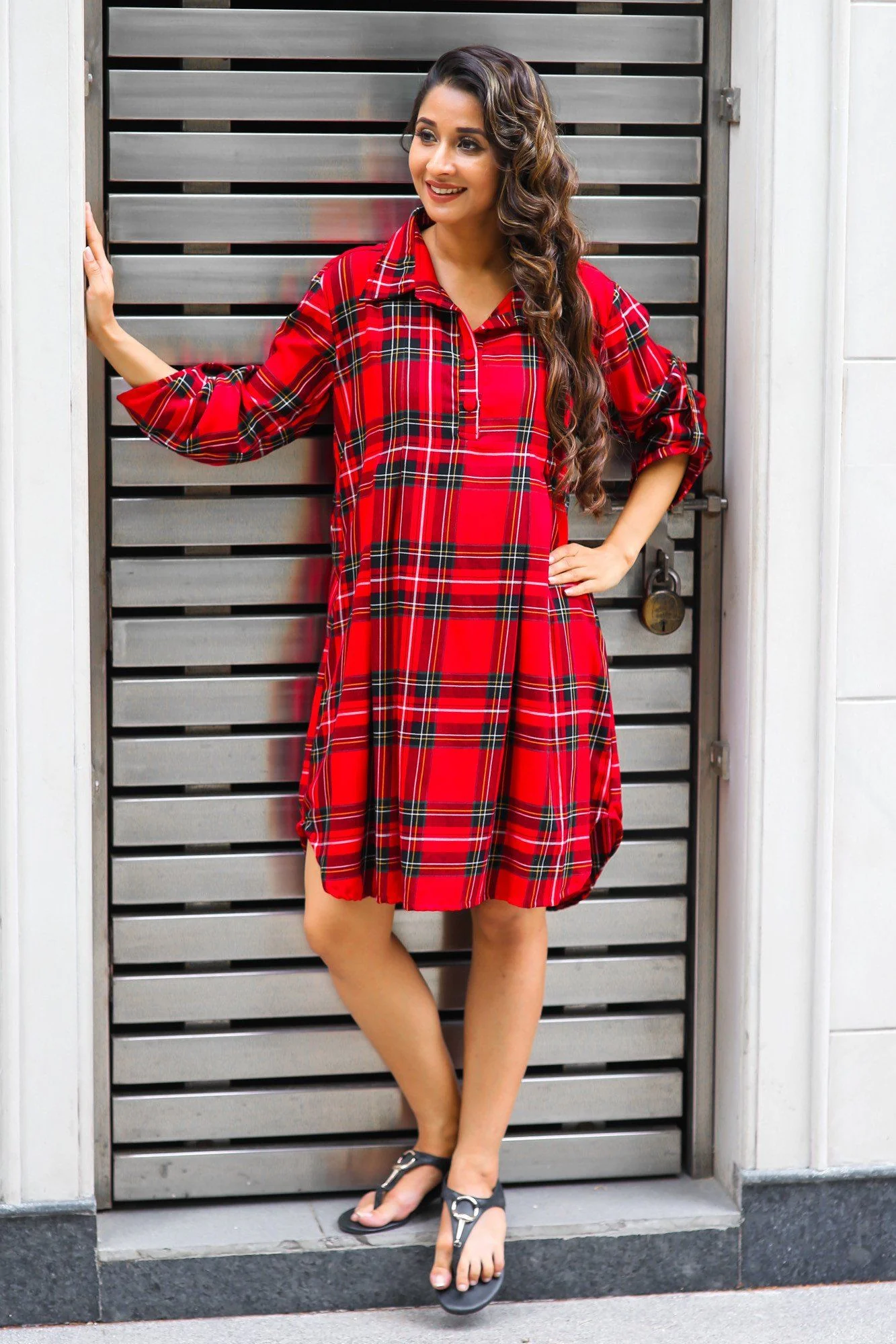 Red Plaid Versatile Maternity & Nursing Shirt Dress - Chenance