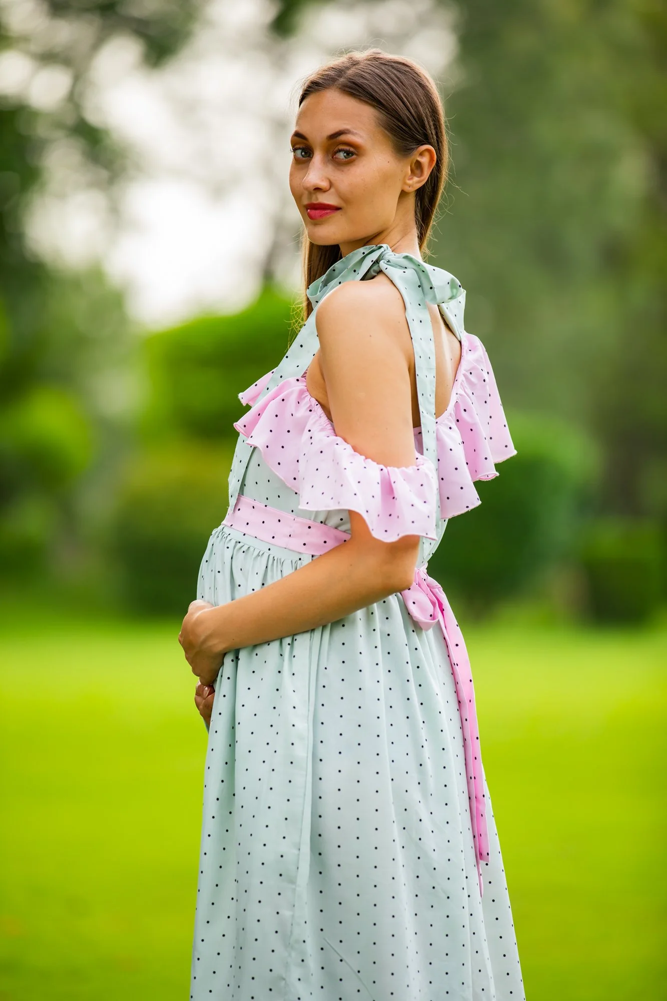 Mint Blush Polka Neck Tie Maternity & Nursing Dress - Chenance