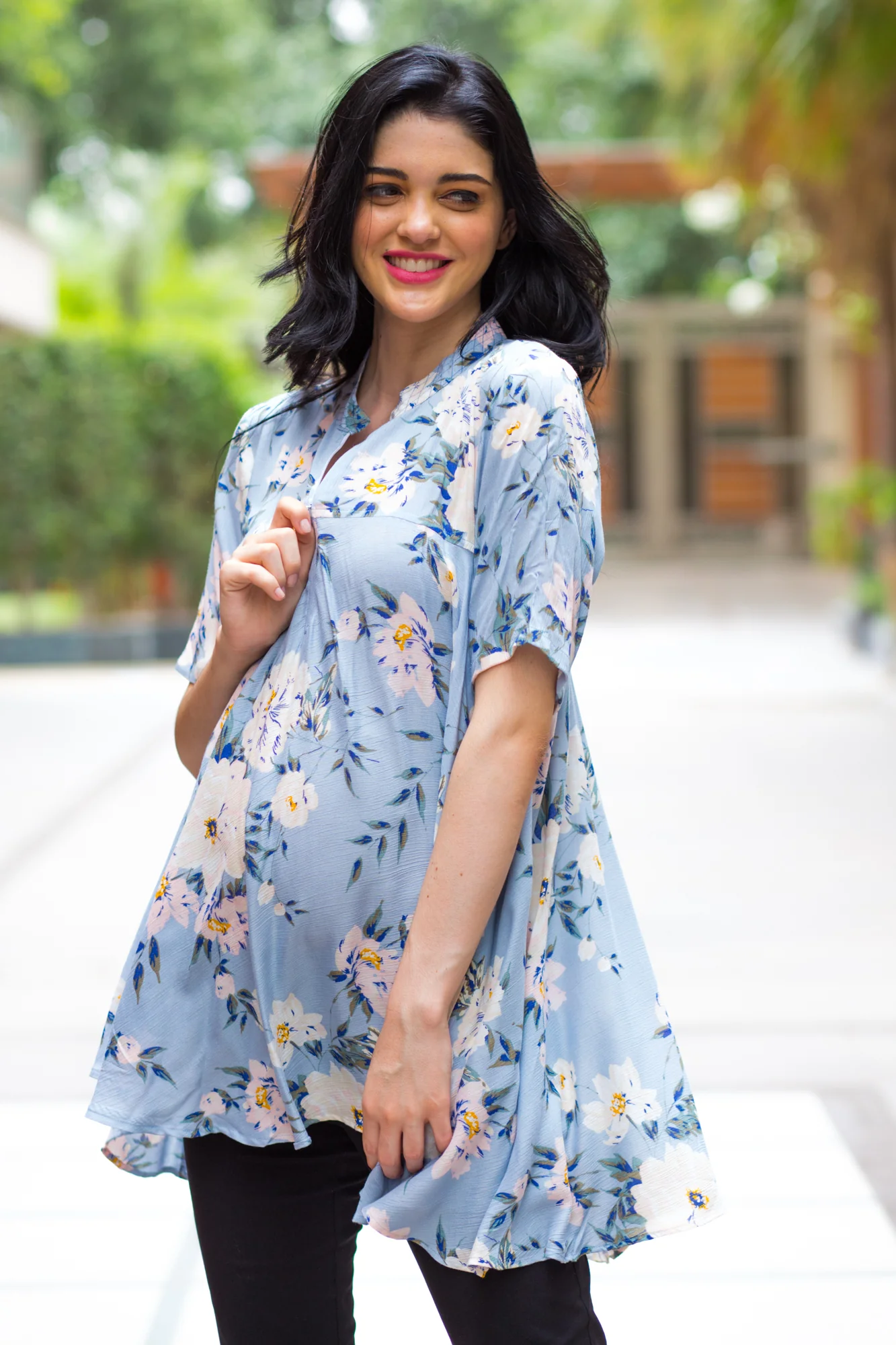 Pastel Blue Floral Flowing Maternity & Nursing Top - Chenance