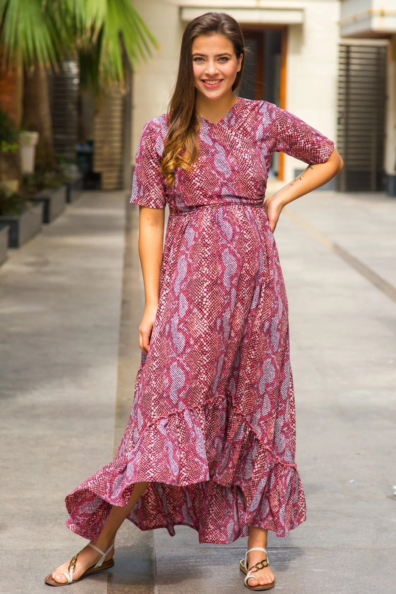 Bubblegum Pink Hi-Low Frill Maternity & Nursing Wrap Dress - Chenance