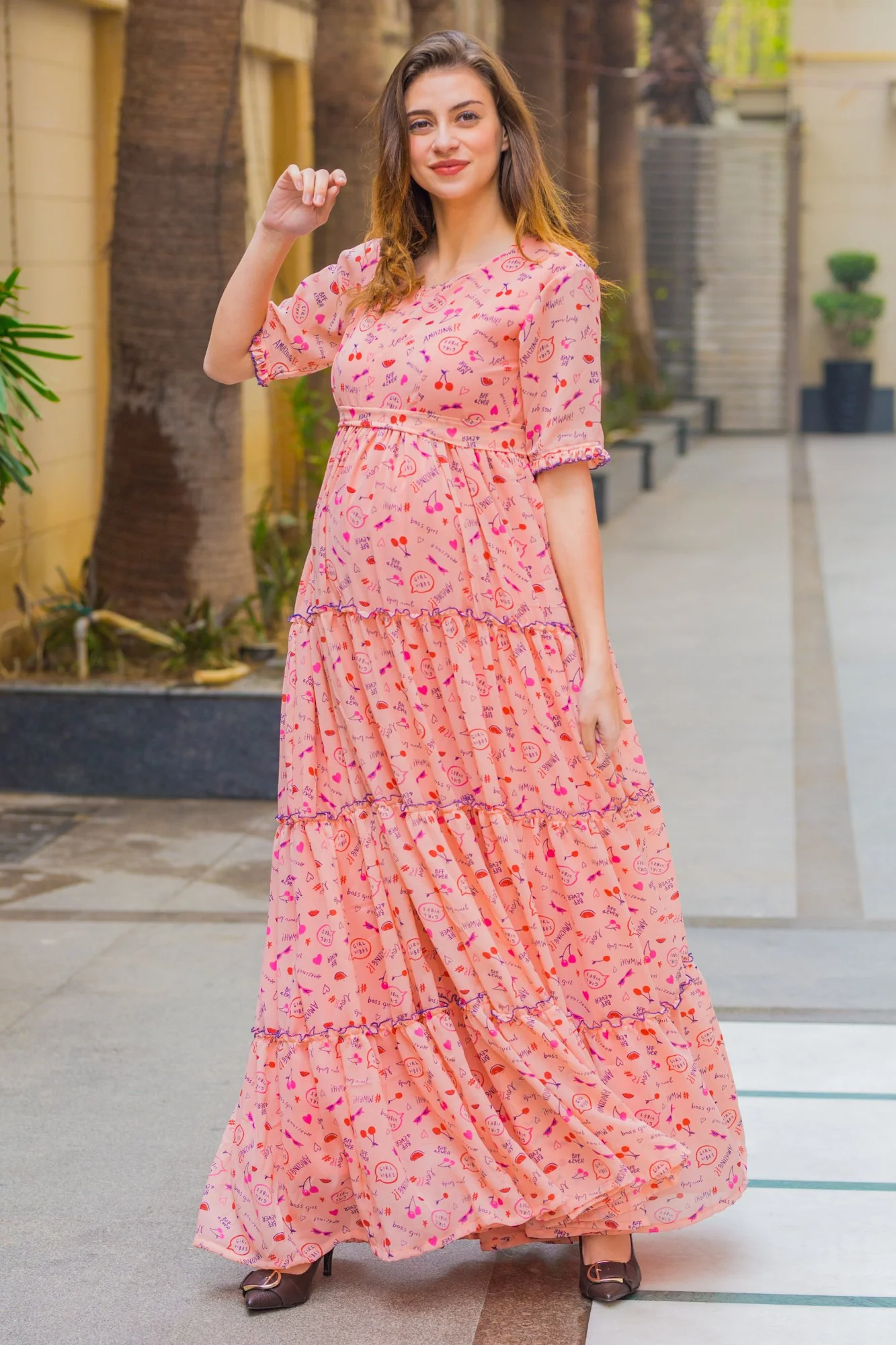 Peach Love Frill Maternity & Nursing Dress - Chenance