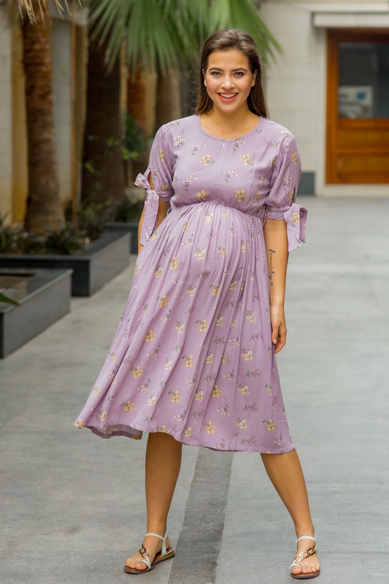 Pretty Lilac Floral Maternity & Nursing Dress - Chenance