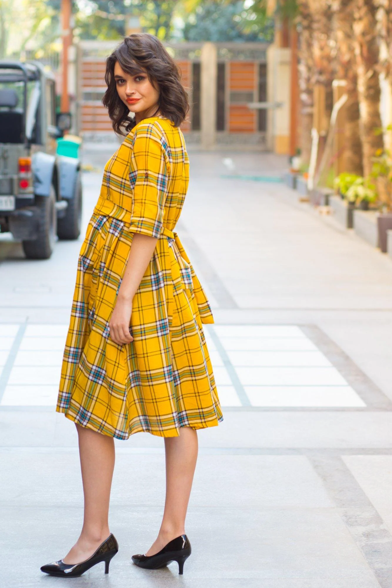 Spring Yellow Cotton Plaid Maternity & Nursing Dress - Chenance