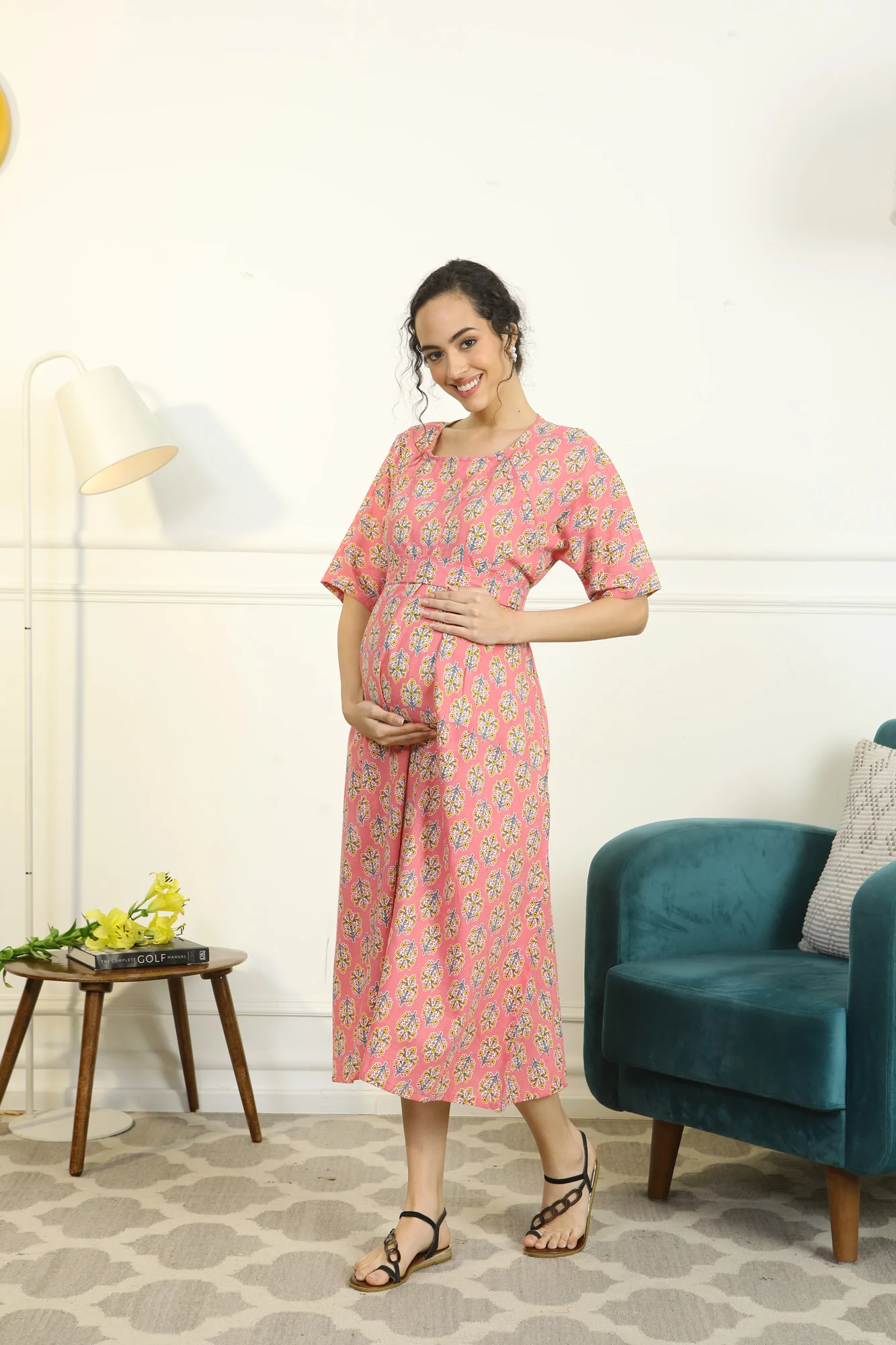 Restful Blossom Coral Shoulder Snap Delivery Gown + Matching Baby Swaddle Set Of 2 - Chenance