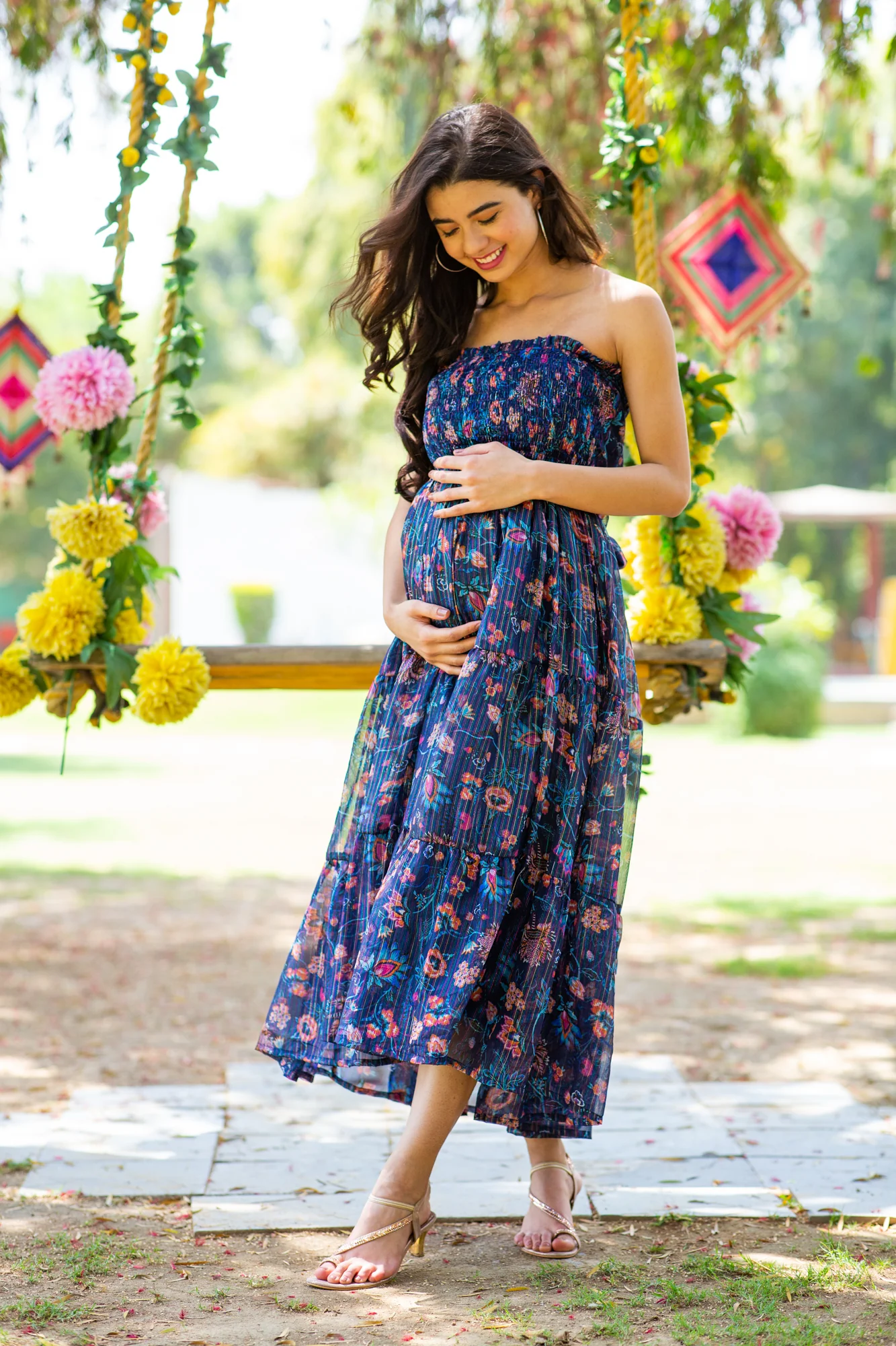 Midnight Chiffon Floral Maternity Off-Shoulder Frill Dress - Chenance
