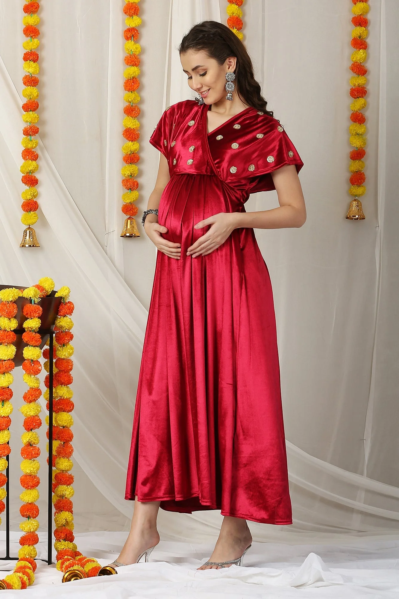Graceful Hot Red Velvet Maternity & Nursing Embroidered Wrap Dress - Chenance