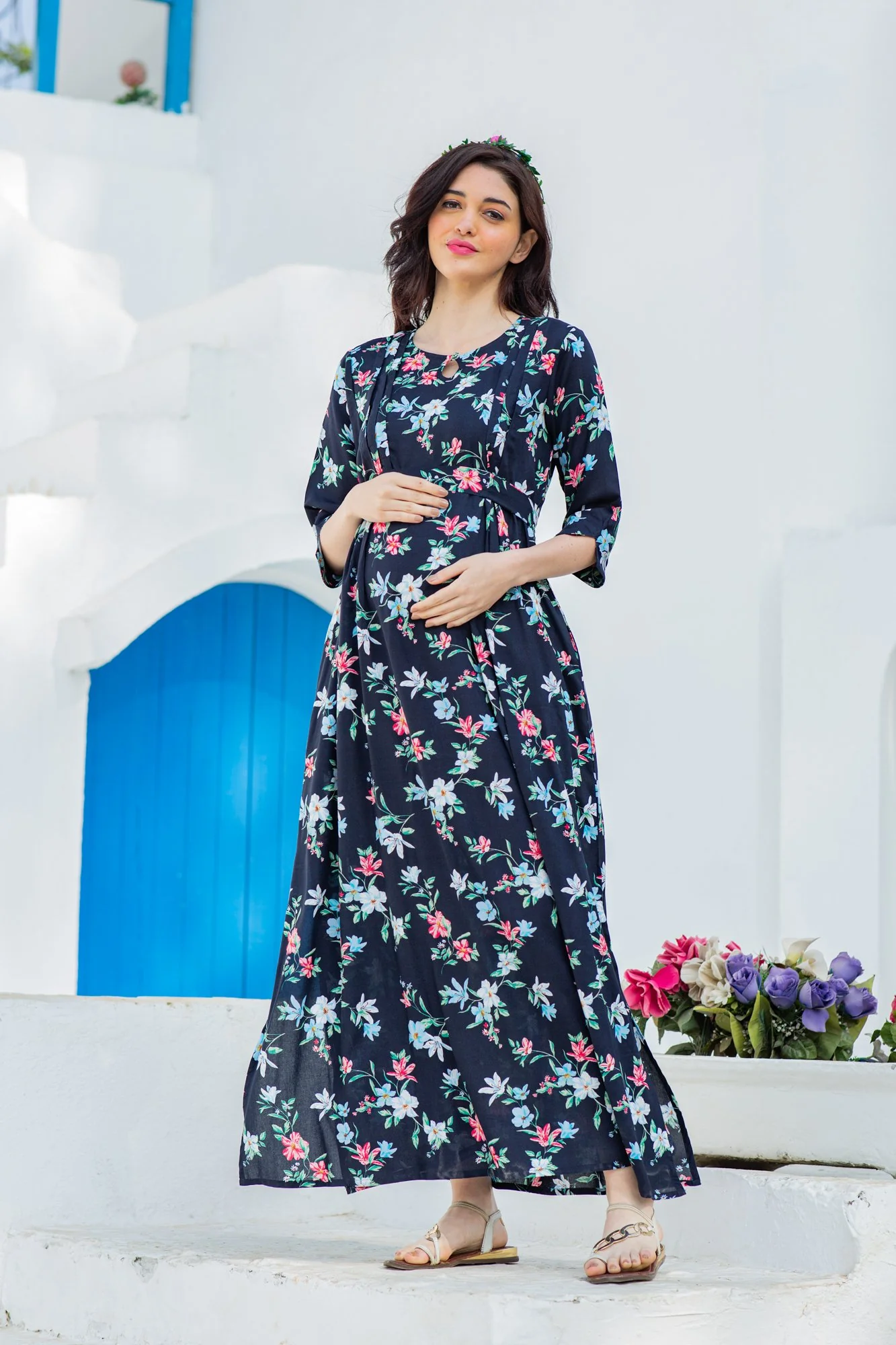 Navy Garden Side Slits Maternity & Nursing Dress - Chenance