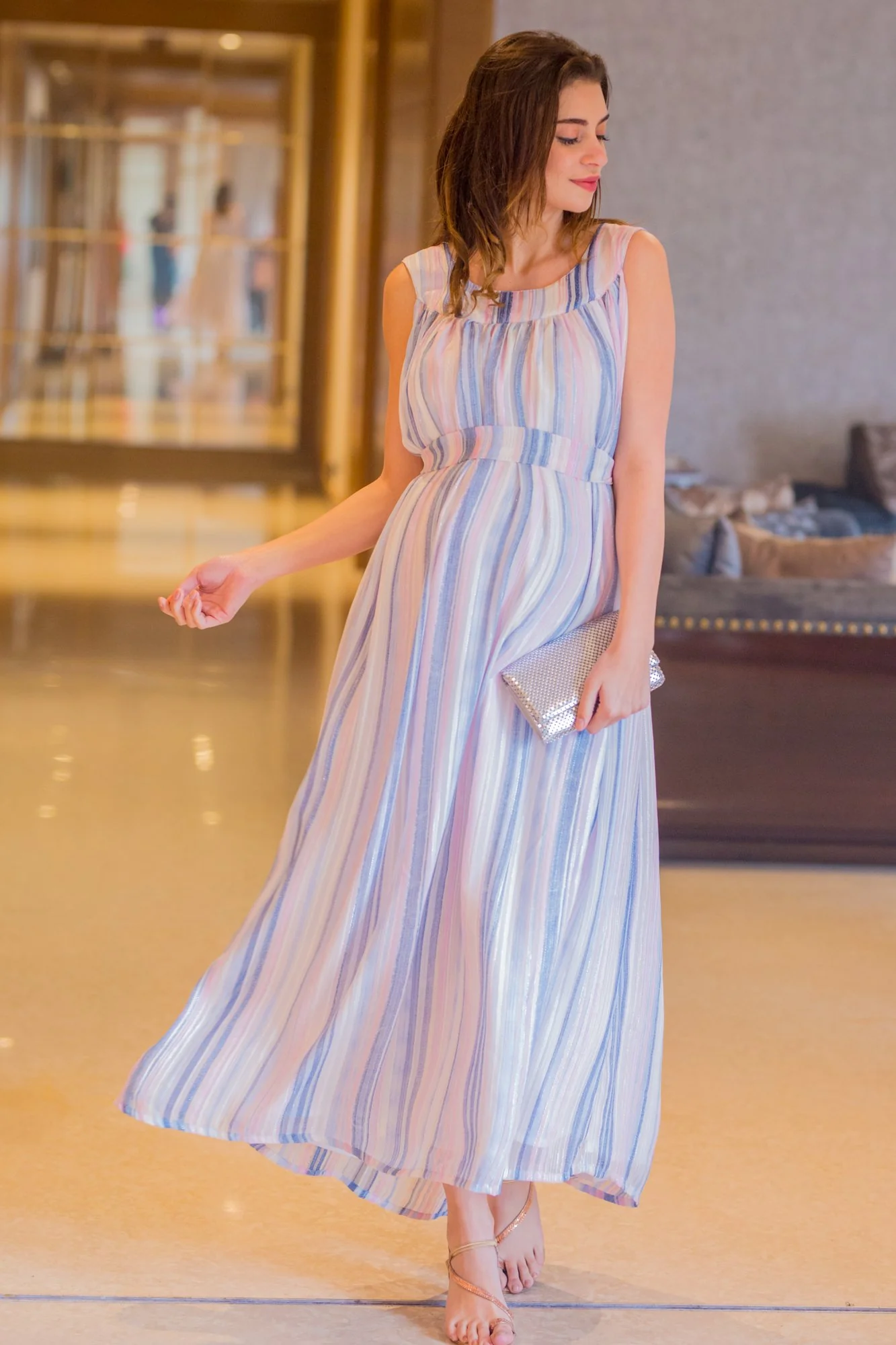 Striped Embellished Sleeveless Maternity Maxi Dress - Chenance