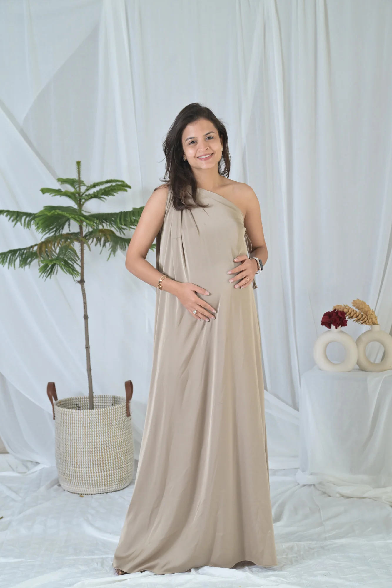 Luxe Sleek Golden Maternity Satin Gown - Chenance