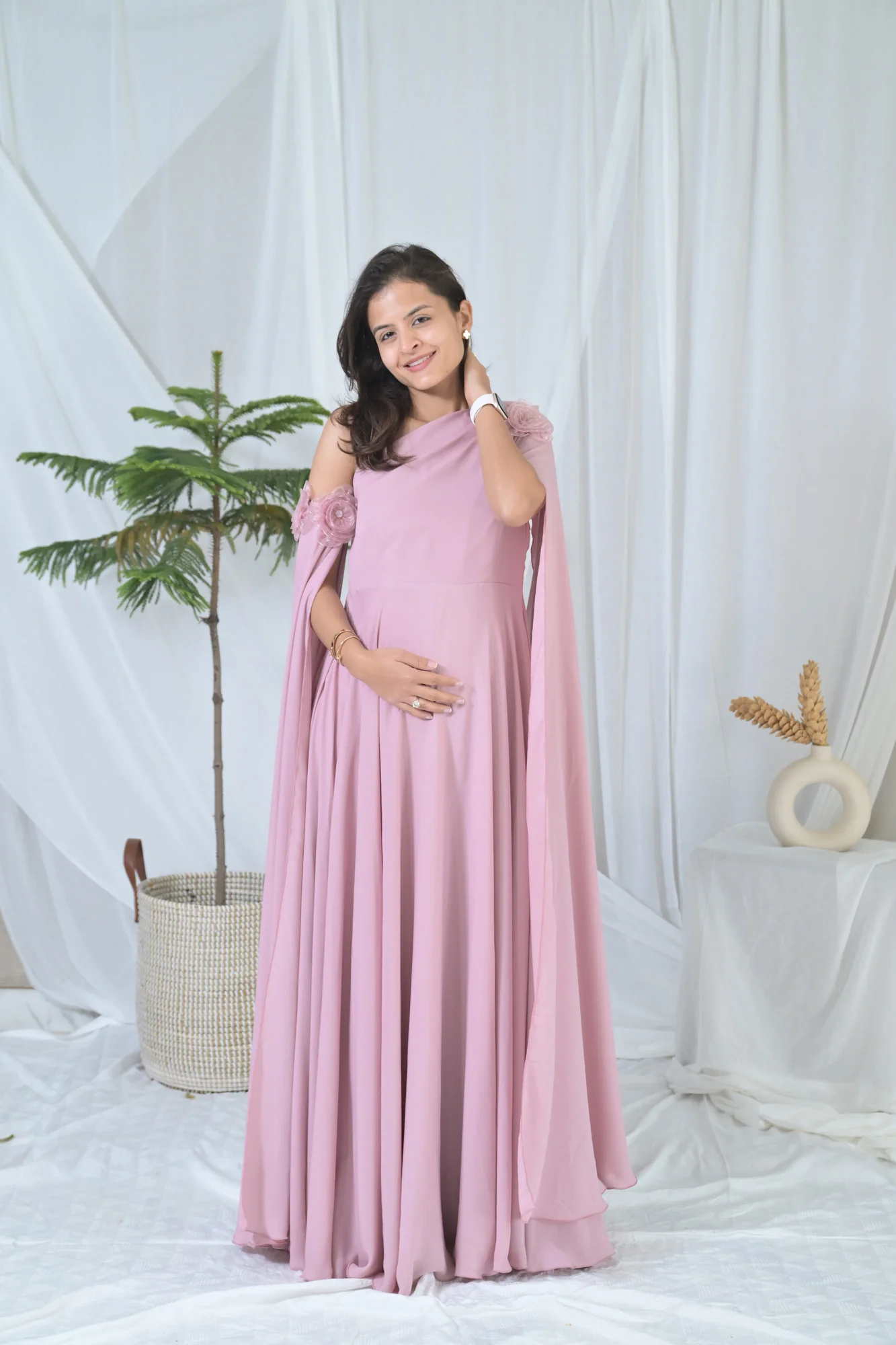 Luxe Rosewood Pink Maternity Satin Gown - Chenance