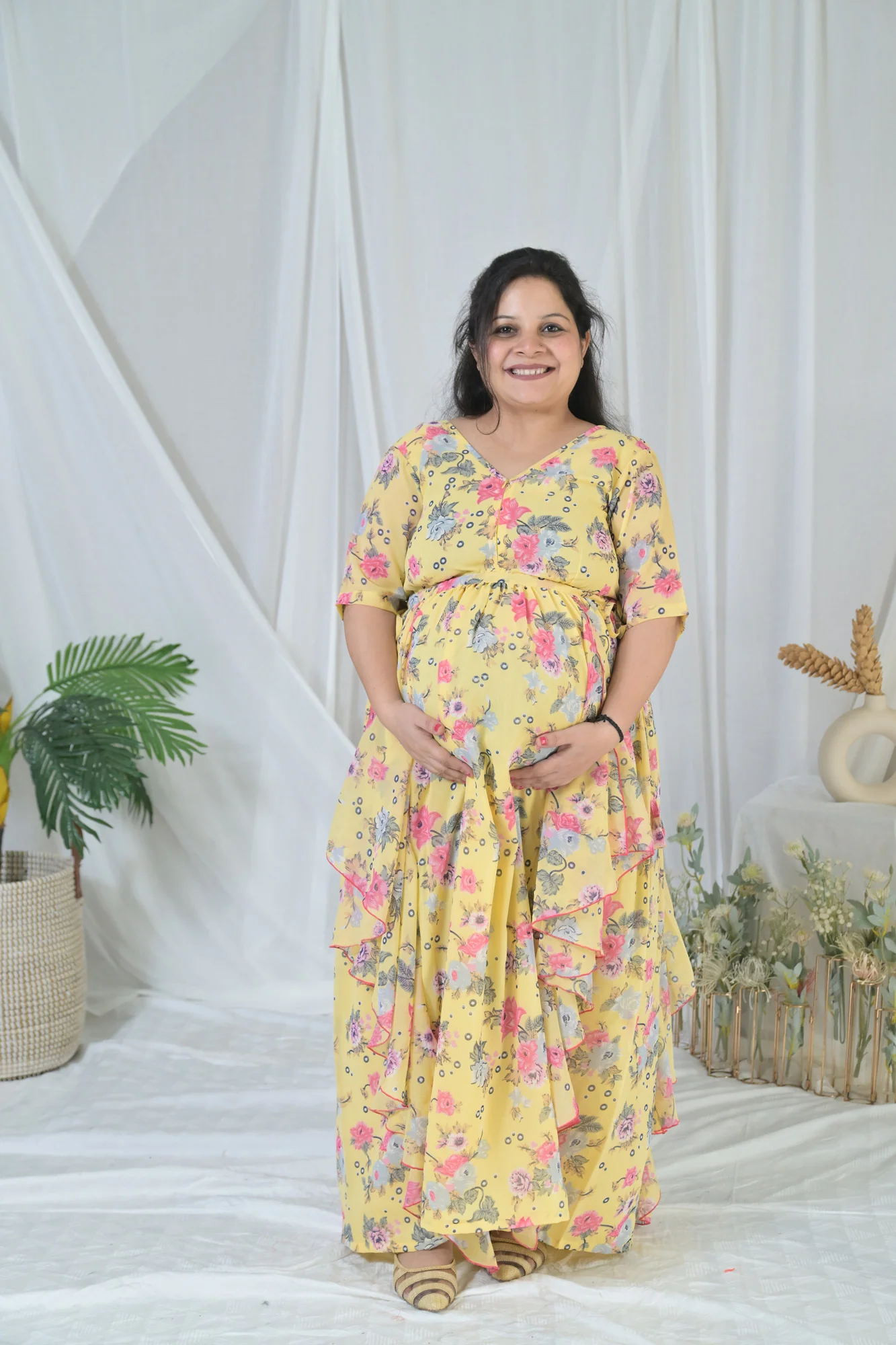 Happy Floral Yellow Maternity & Nursing Flow Dress - Chenance