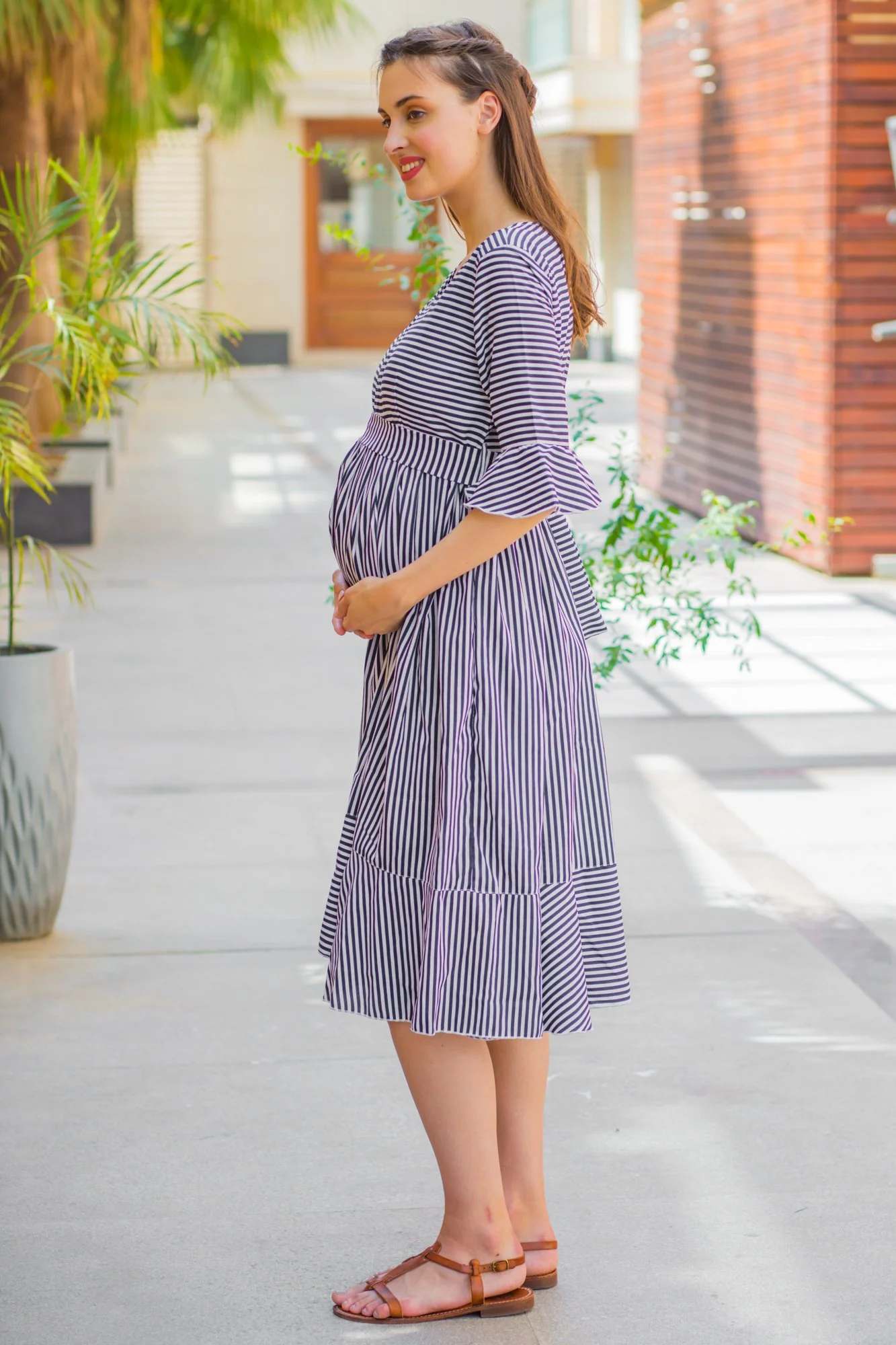 Navy Blue Striped Maternity & Nursing Dress - Chenance