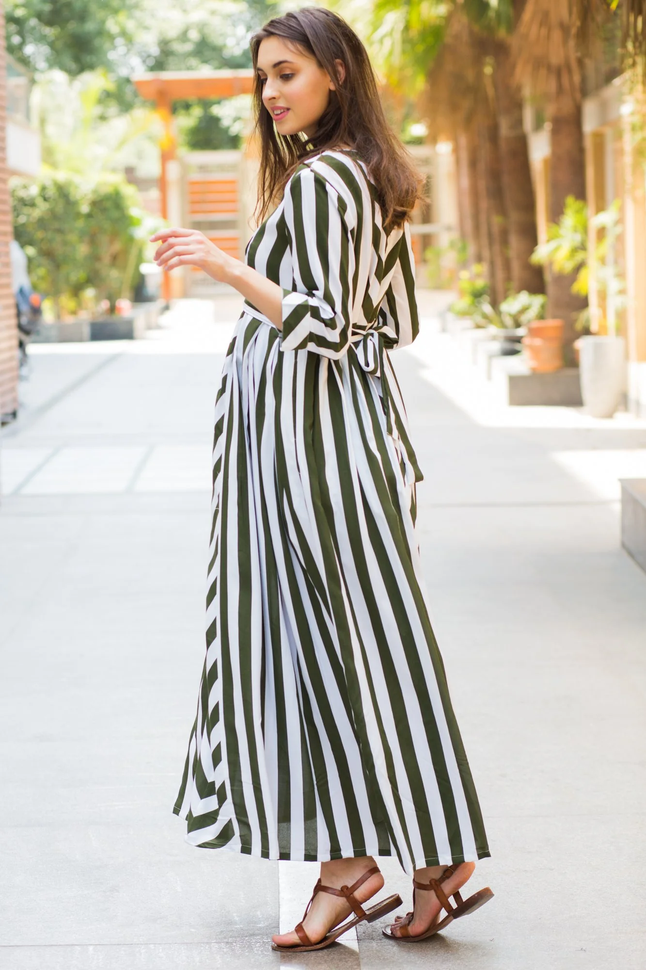 Olive Striped Maternity & Nursing Dress - Chenance