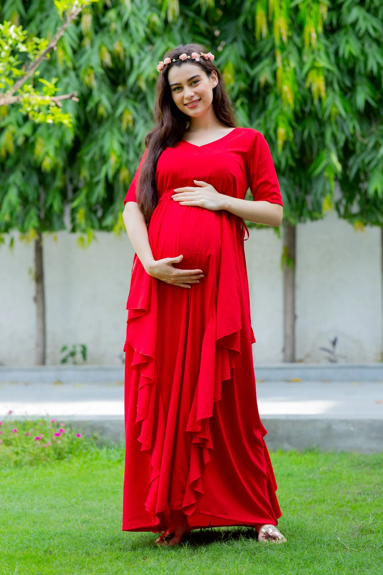 Red Bubble Satin Luxe Maternity Flow Dress - Chenance