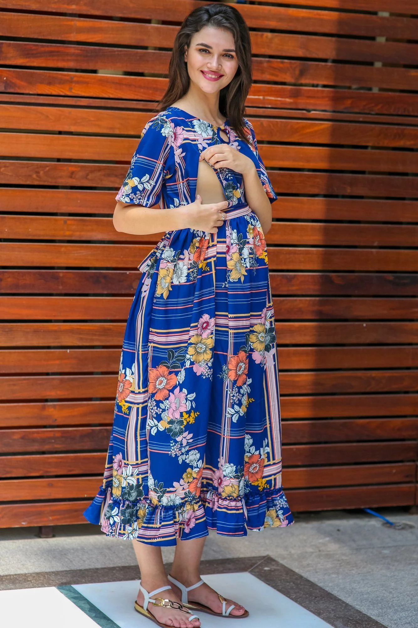 Nautical Striped Floral Frill Concealed Zips Nursing Dress - Chenance