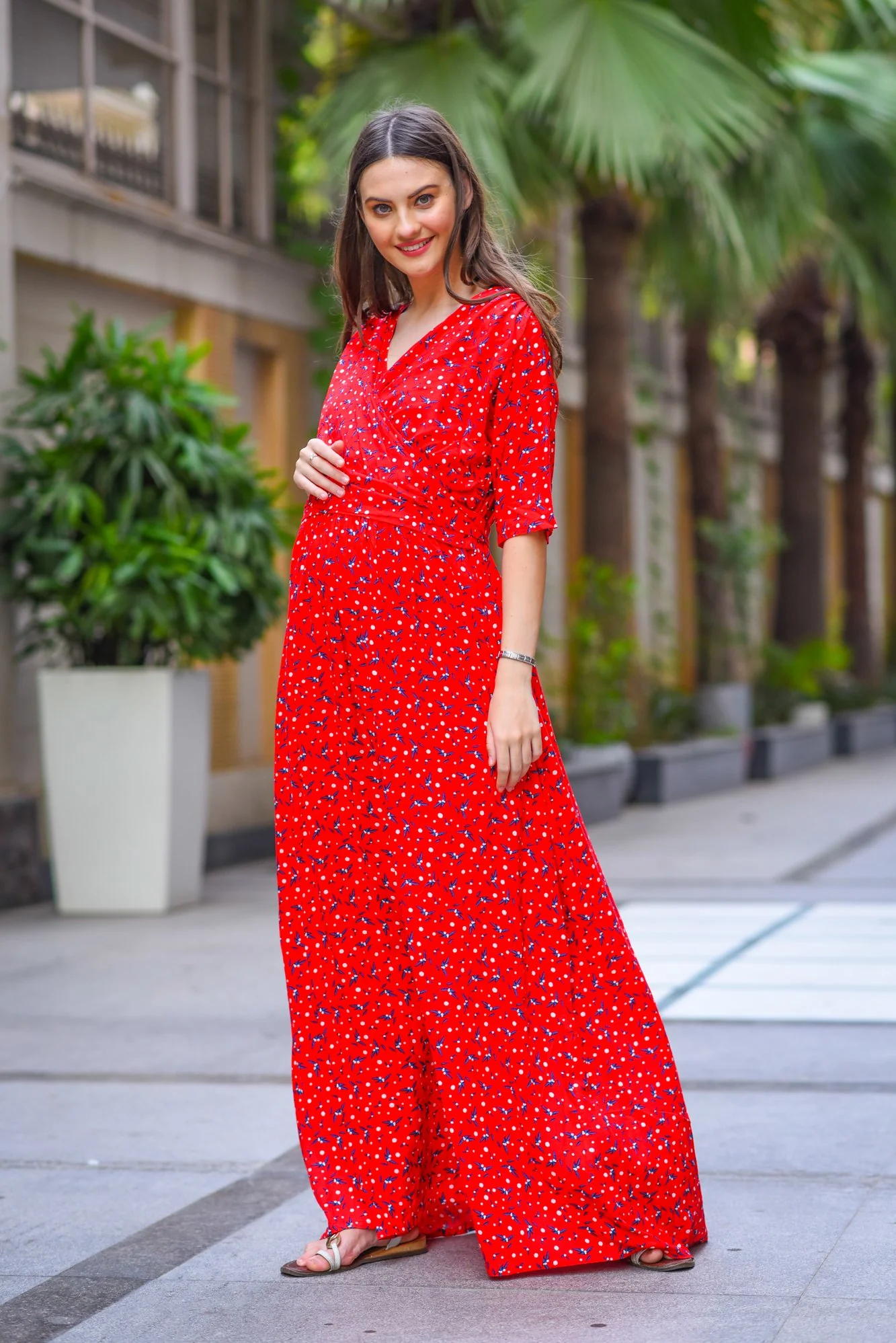 Luxe Red Floral Maternity & Nursing Wrap Dress - Chenance