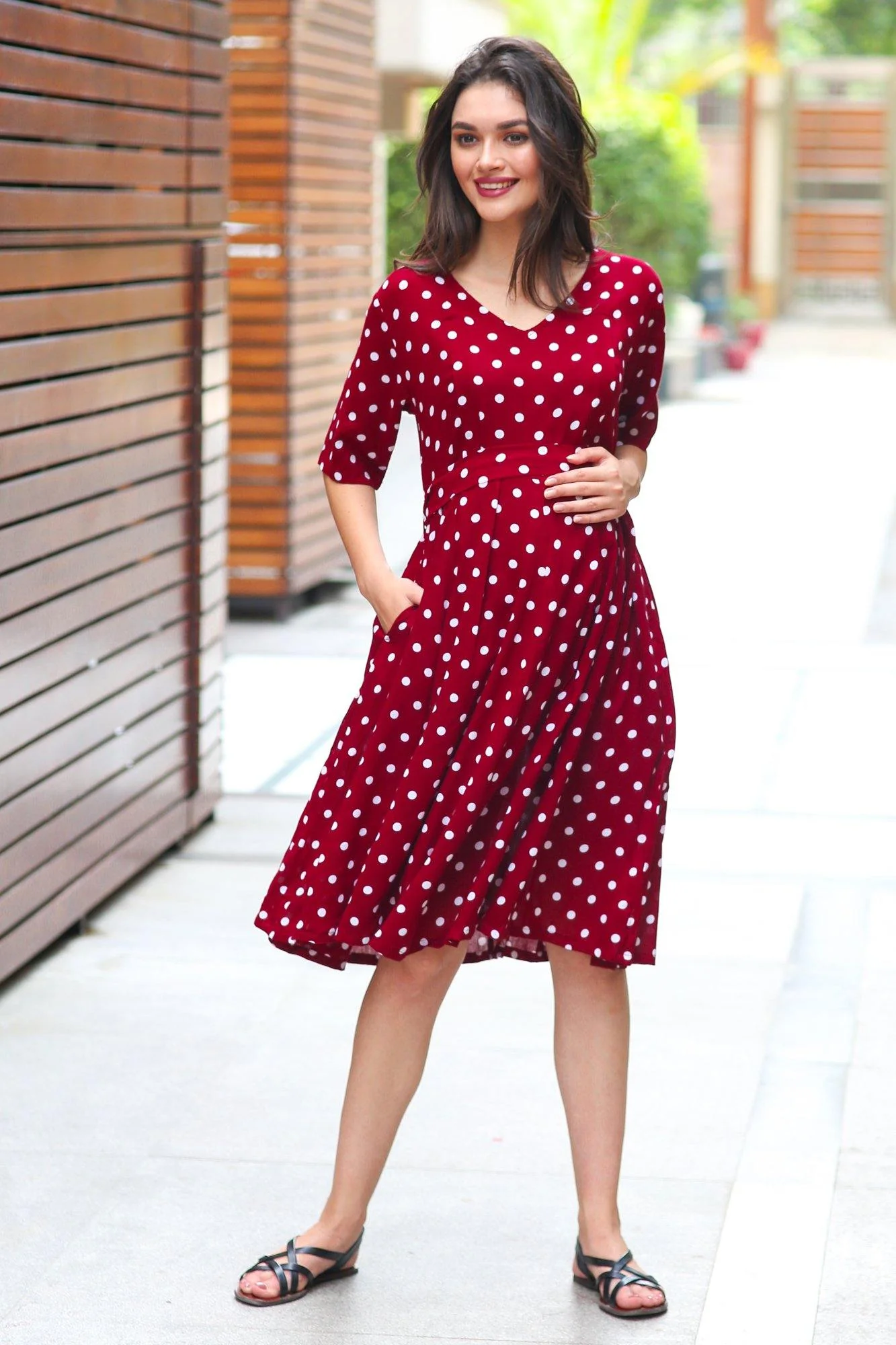 Burgundy Polka Maternity & Nursing Dress - Chenance